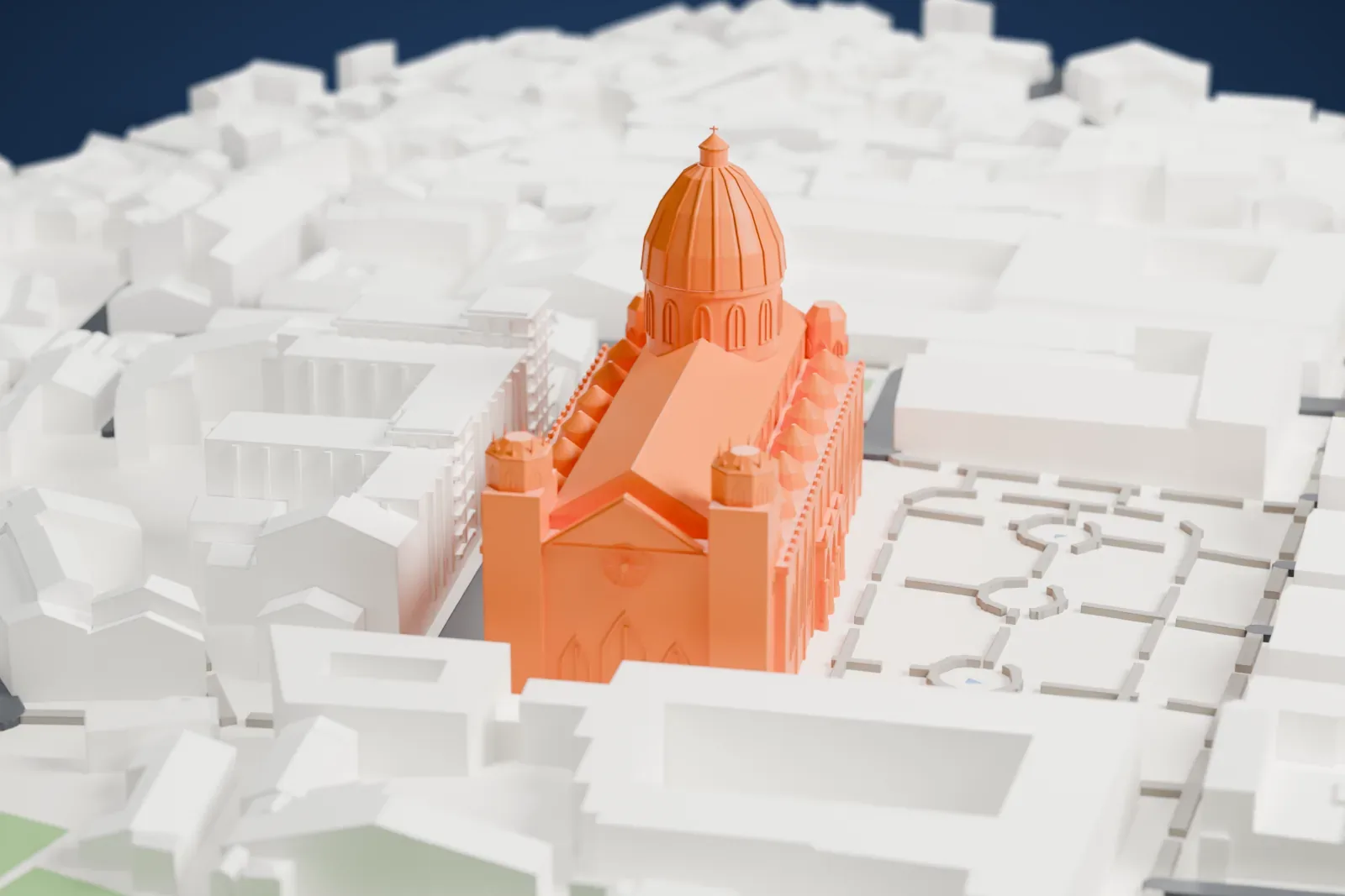 A white 3D print of Palermo Cathedral, a long church with a tall ribbed dome, a row of small domes along the side and corner towers, among dense city blocks.