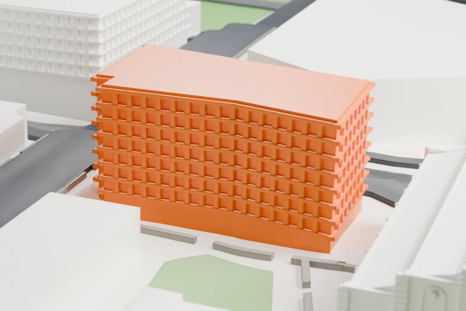 A white 3D print of the Palestra, a long hall with stepped roof sections and arched windows on its end walls, between neighboring buildings and a patch of lawn.