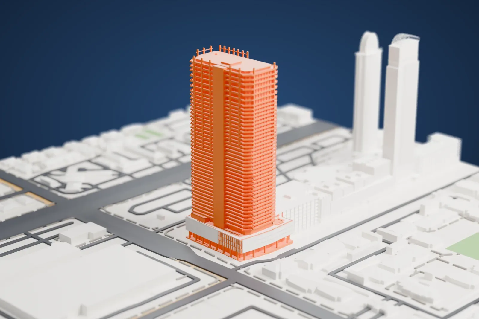 A white 3D print of Palms Place, a tall, slim tower covered in thin balcony lines, with a broad base and fins on the roof, standing among low buildings and streets.
