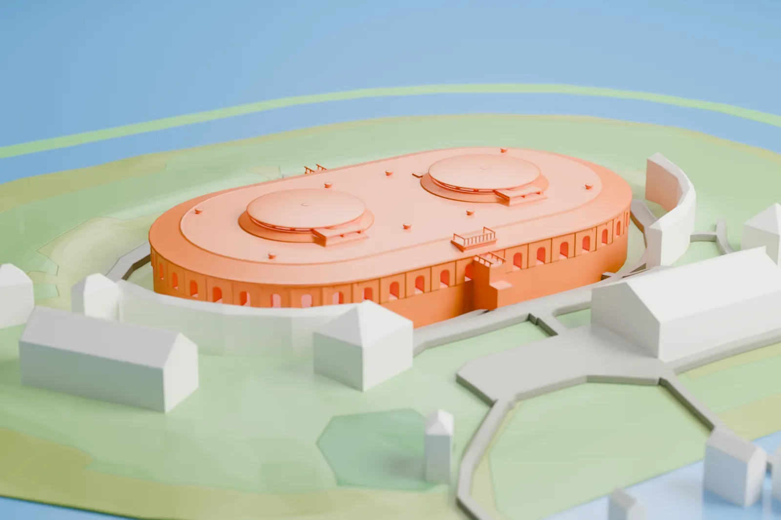 A white 3D print of Pampus, its low oval fort and moat sitting on an island in the IJmeer, with water around it.