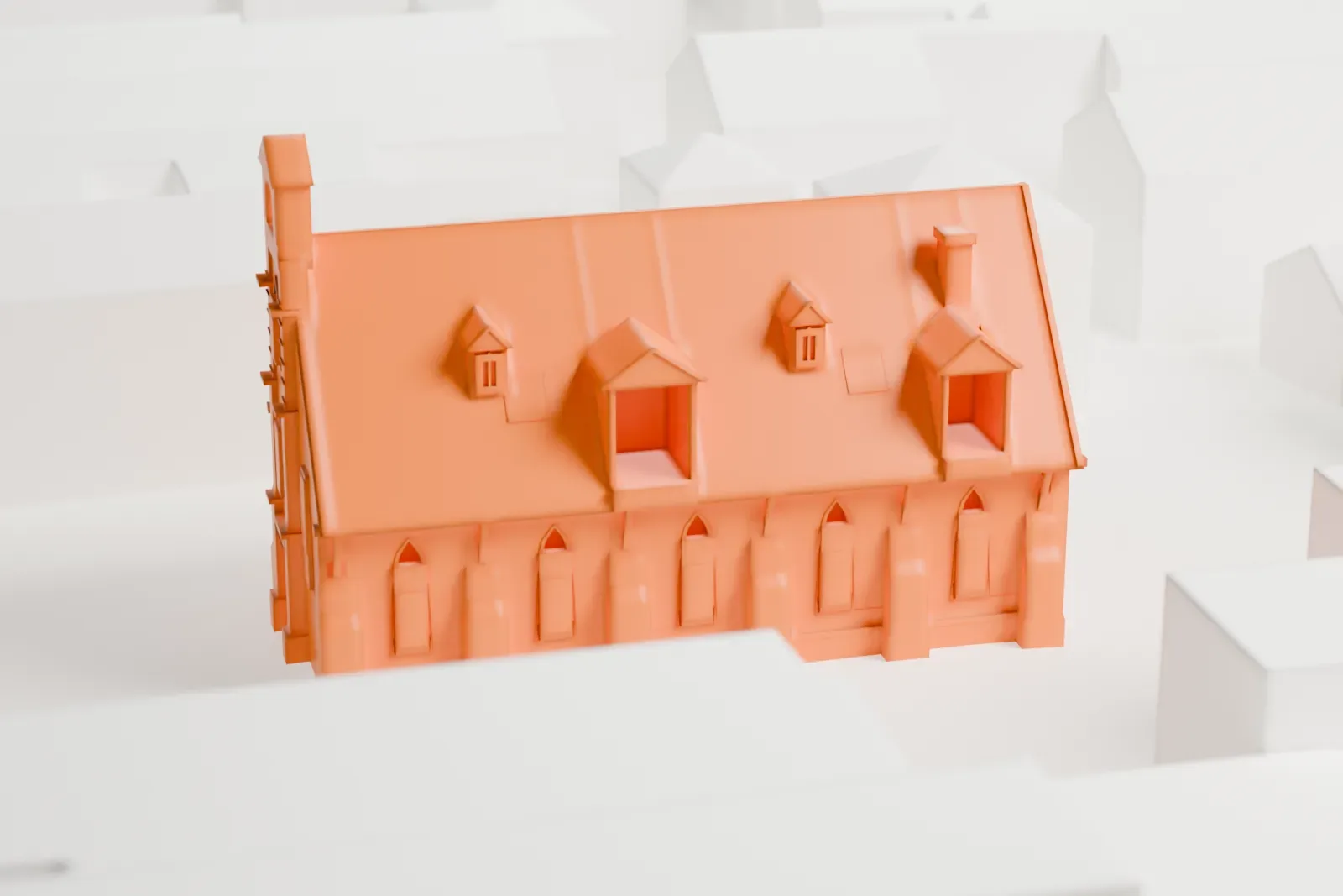A white 3D print of Pan American C.M.A. Church, a gabled church with a small bell turret and roof dormers, squeezed among larger buildings and streets.