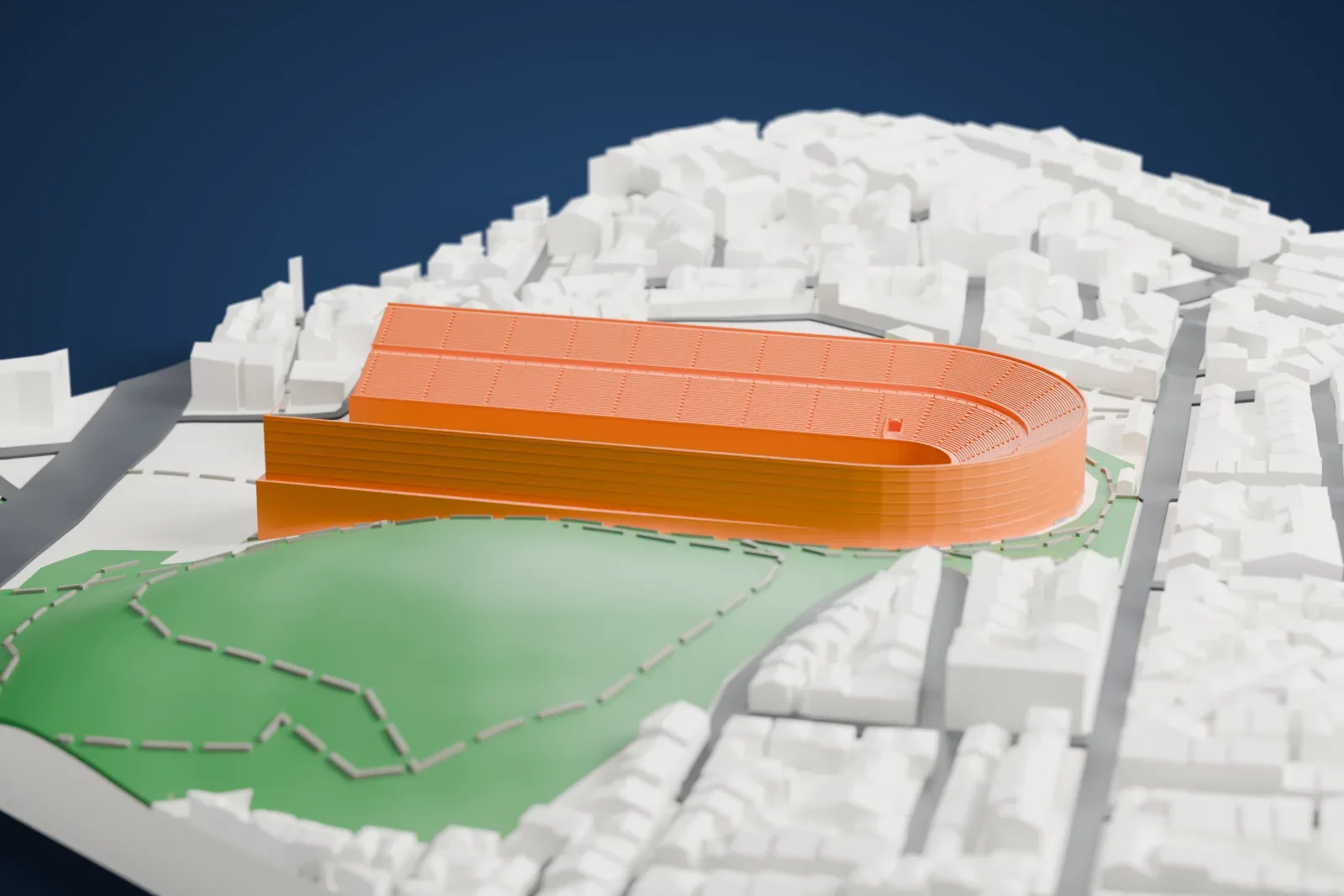 A white 3D print of the Panathenaic Stadium, a long U-shaped bowl of finely stepped seating, with green hillside on one side and dense city buildings around it.