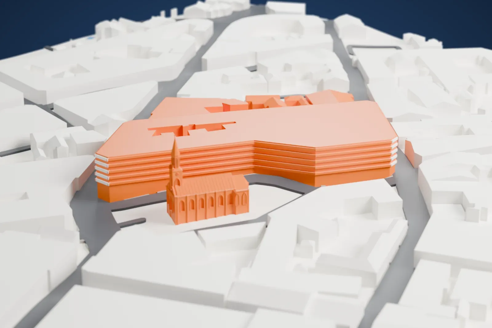 A white 3D print of Papeete Cathedral, a small church with a ribbed pitched roof, pointed arched windows and a tall steeple, hemmed in by larger buildings and roads.