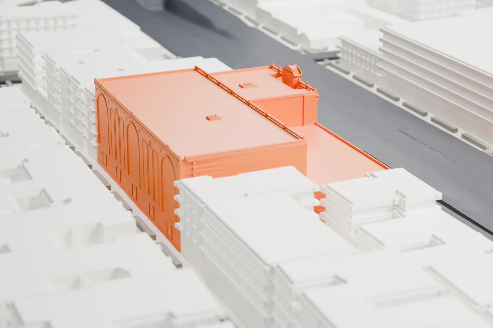 A white 3D print of the Paradise Theater, a large block with an ornate front, standing on a wide avenue among lower buildings.