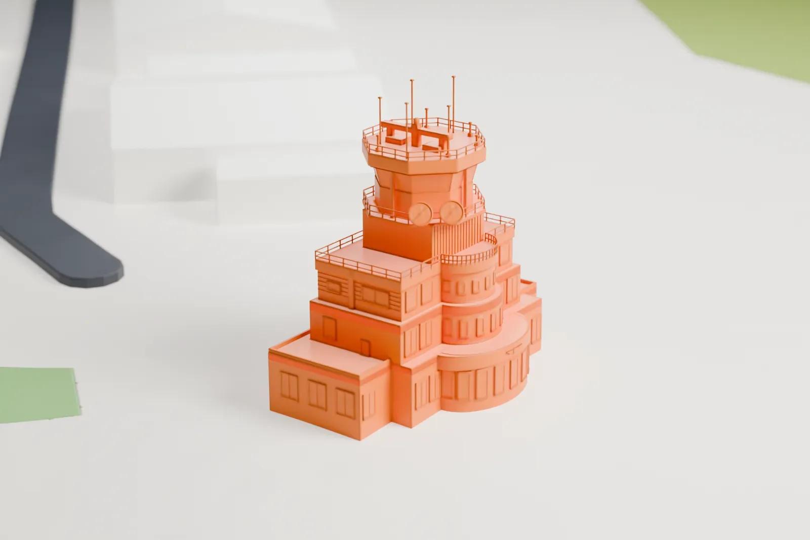 A white 3D print of the Parafield Airport Air Traffic Control Tower, a stepped three-level building with a curved bay at the front and an octagonal control cabin with railings and antenna masts on top.