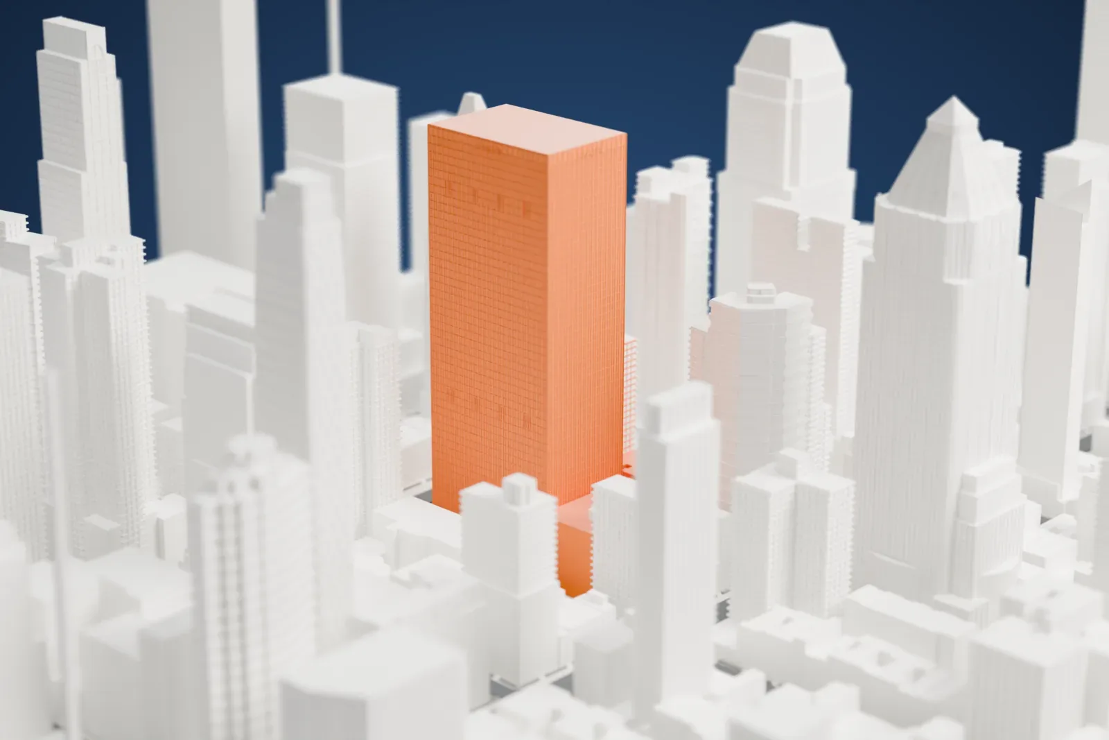 A white 3D print of Paramount Plaza, a tall rectangular slab tower with fine vertical lines, among dense Midtown buildings.