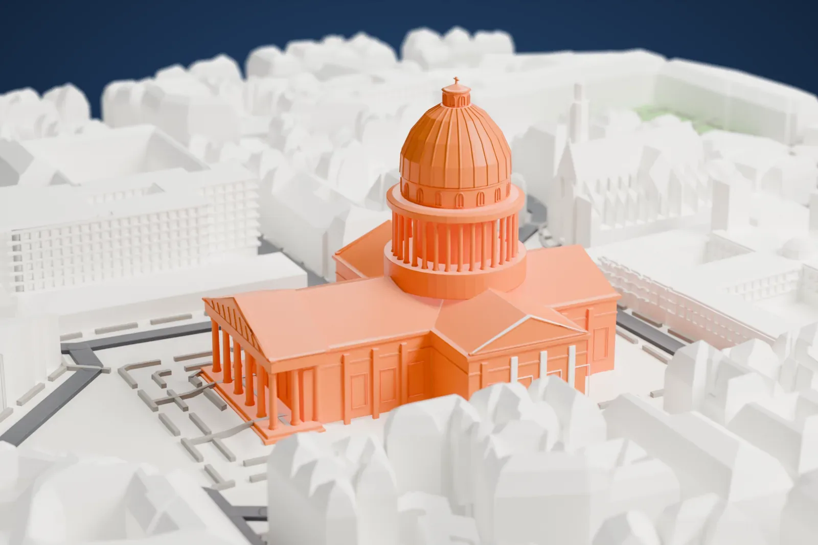 A white 3D print of the Panthéon in Paris, a domed Neoclassical building with a columned portico, a ring of columns around the drum and a small lantern on top, among narrow city blocks.