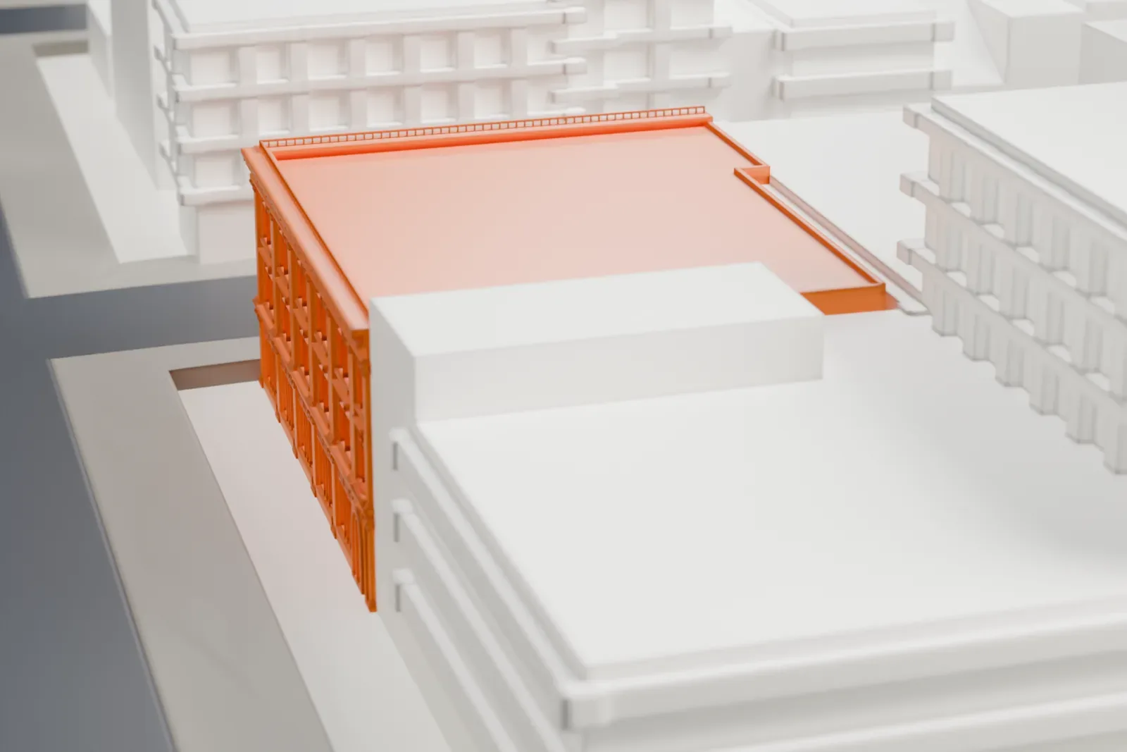 A white 3D print of the Park and Tilford Building, a three-story building with a decorated cornice and tall window bays on a street corner, among taller neighbors.