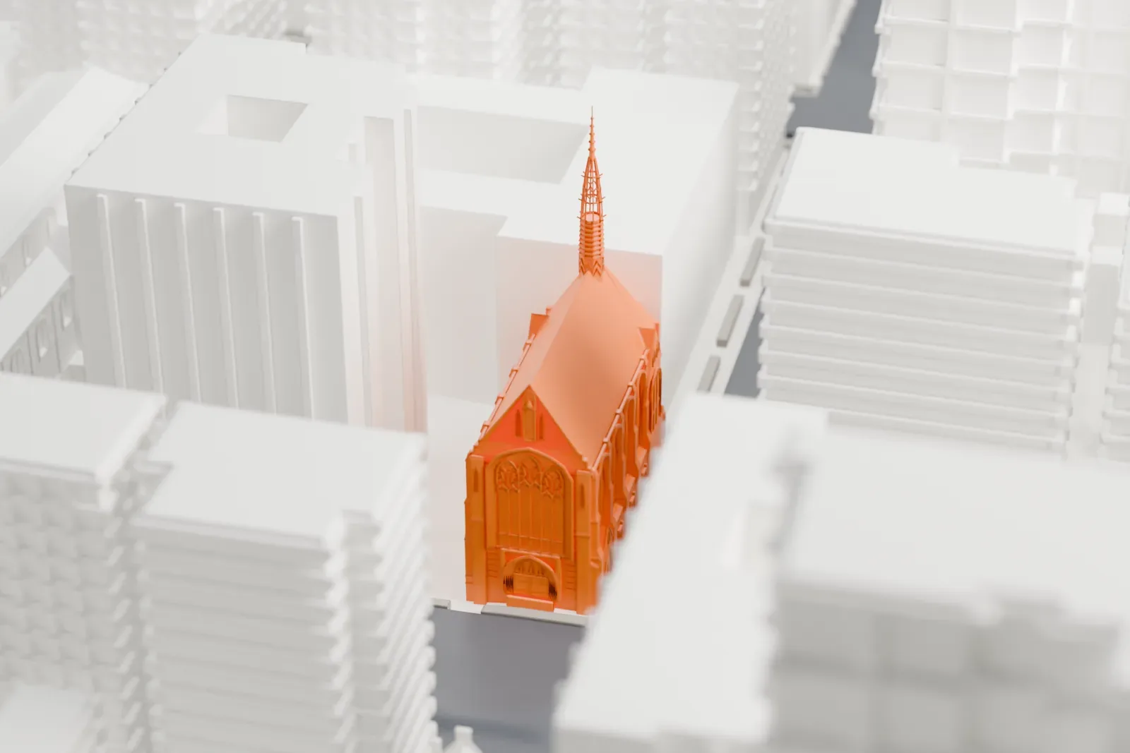 A white 3D print of the Park Avenue Christian Church, a pitched-roof church with a slender spire, wedged between tall buildings.
