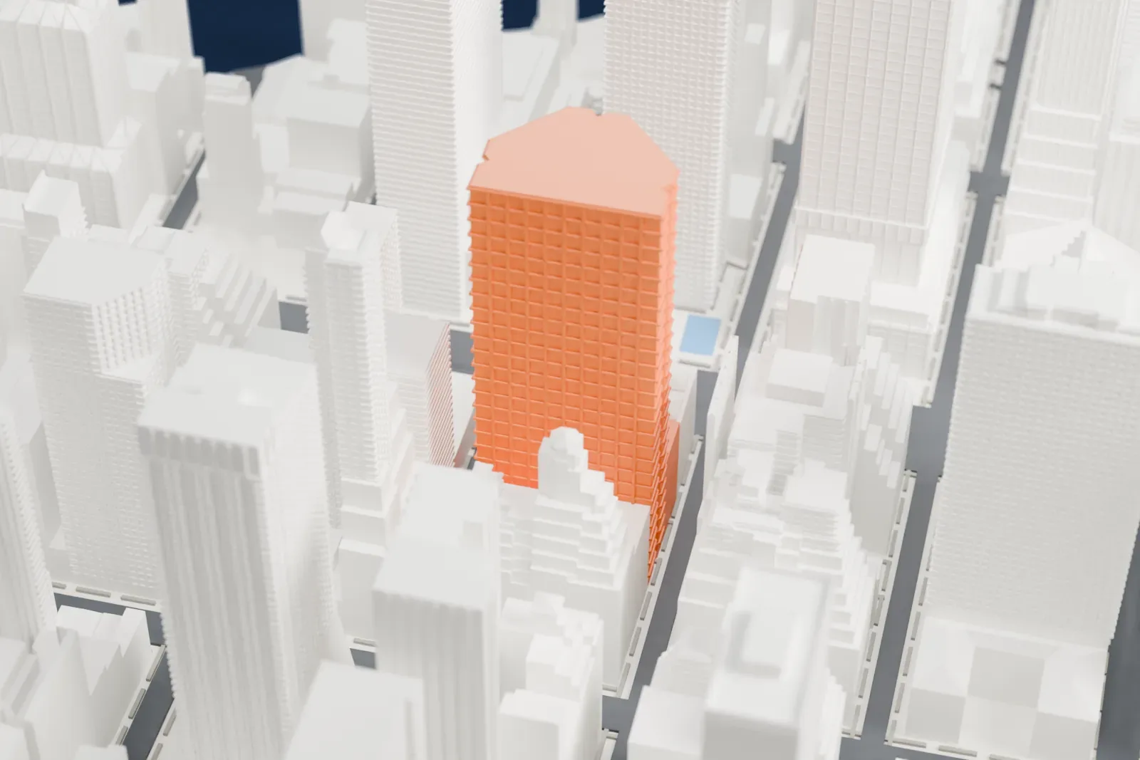 A white 3D print of Park Avenue Plaza, a tall tower with angled faces, a notch on one side and a flat roof with small units, surrounded by taller and shorter buildings.