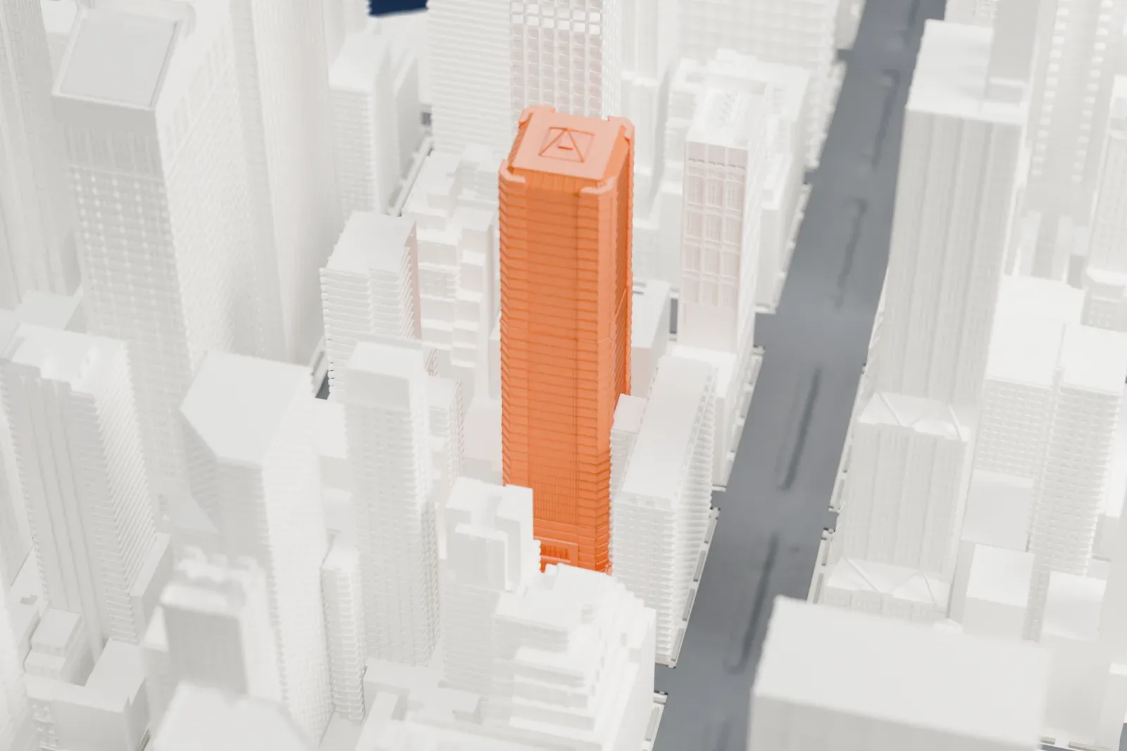 A white 3D print of Park Avenue Tower, a tall ribbed tower that narrows toward the top, among dense Midtown skyscrapers.