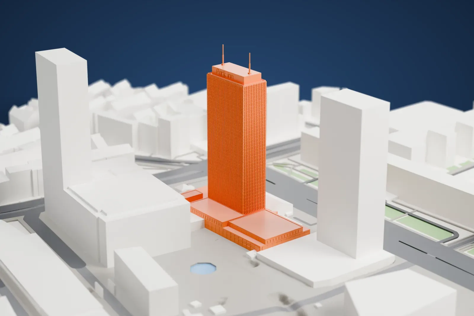 A white 3D print of Park Inn by Radisson Berlin Alexanderplatz with its tall hotel tower and base building, standing among the surrounding streets and buildings.
