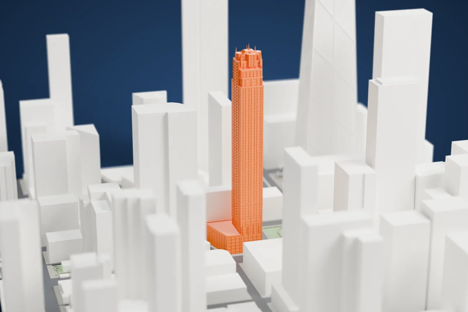 A white 3D print of Park Tower, a tall concrete skyscraper standing among the surrounding city blocks.