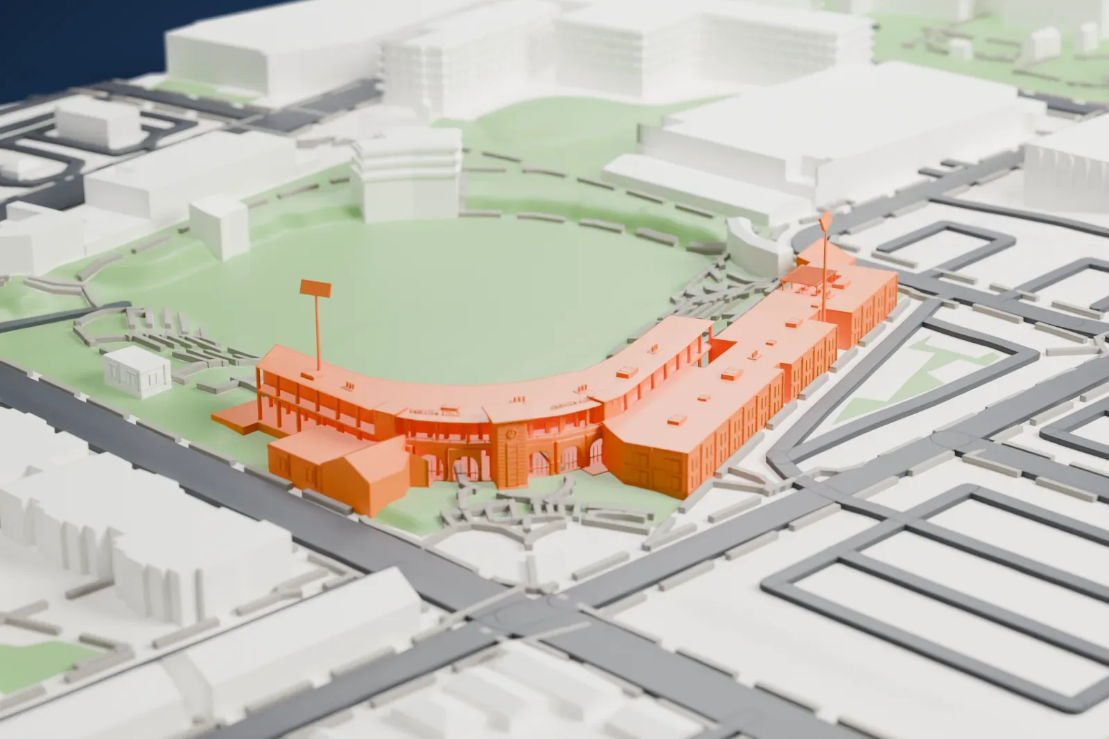 A white 3D print of Parkview Field, a ballpark with a curved grandstand along one side of a green field, among streets and city blocks.