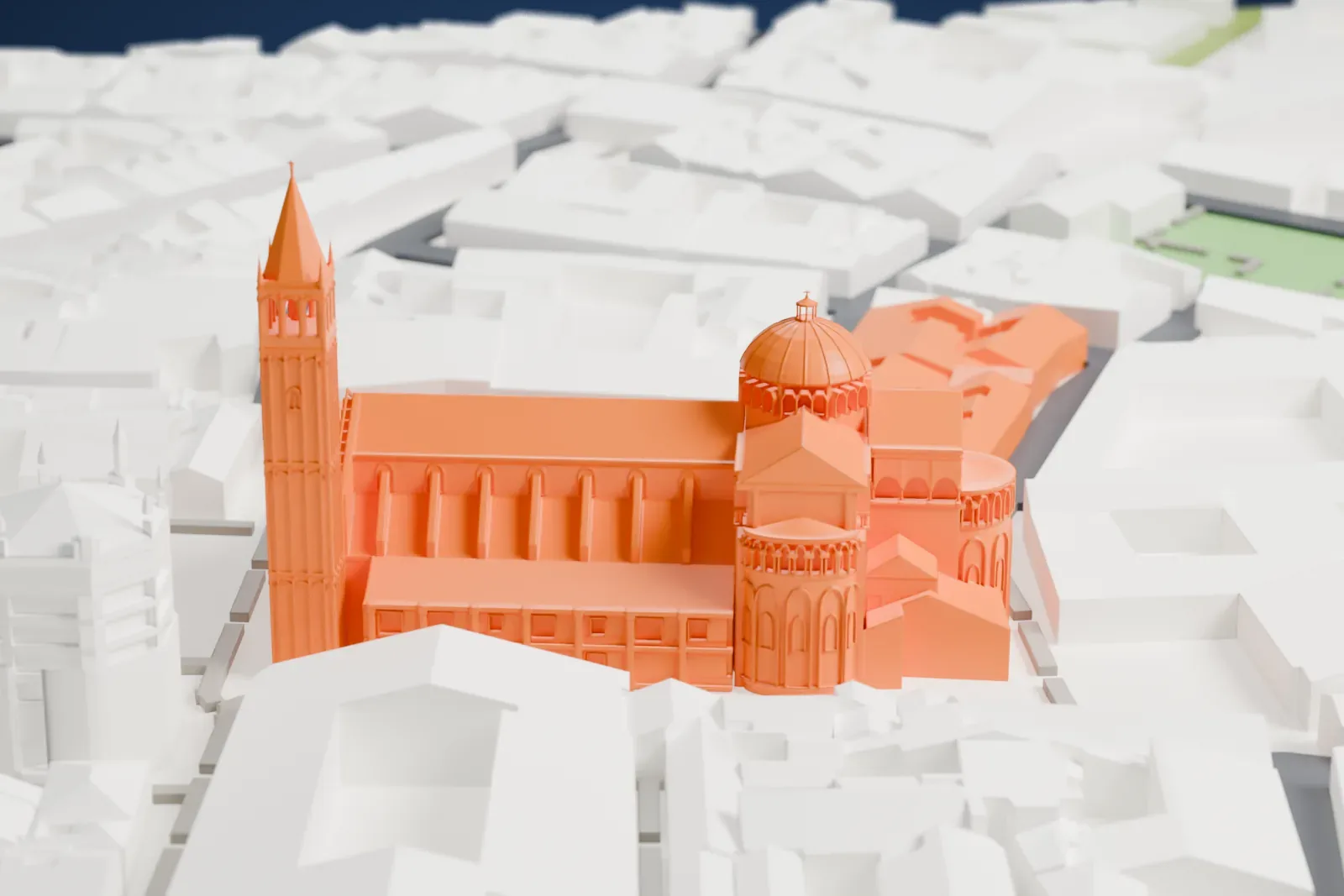A white 3D print of Parma Cathedral, a long church with a ribbed dome and a tall bell tower with a pointed spire, packed in among nearby buildings.