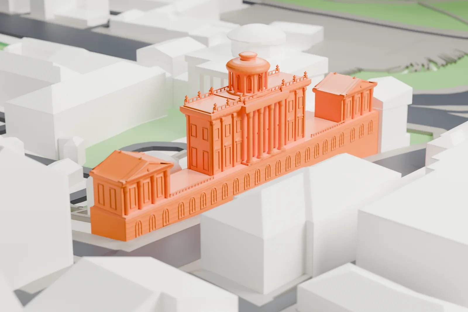 A white 3D print of the Pashkov House, a neoclassical mansion, standing among the streets and buildings near the Moscow Kremlin.