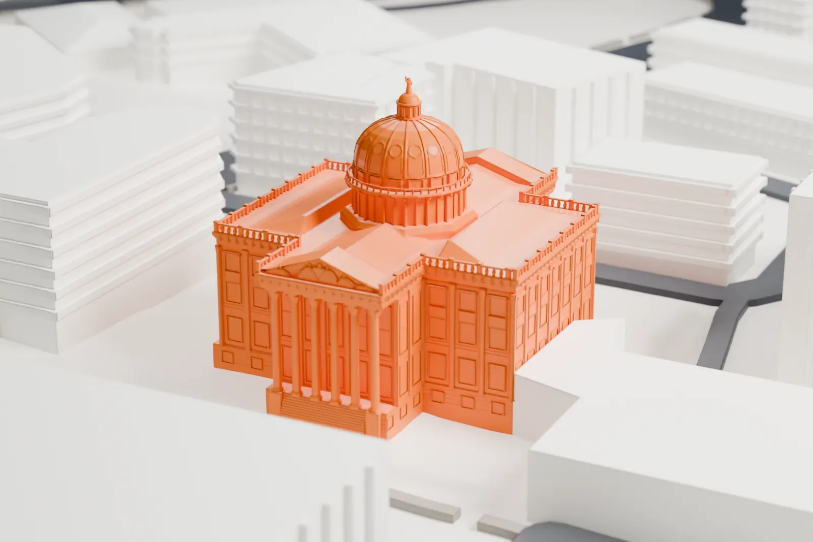 A white 3D print of the Passaic County Court House, a columned building with a ribbed central dome, standing among larger neighboring buildings and streets.