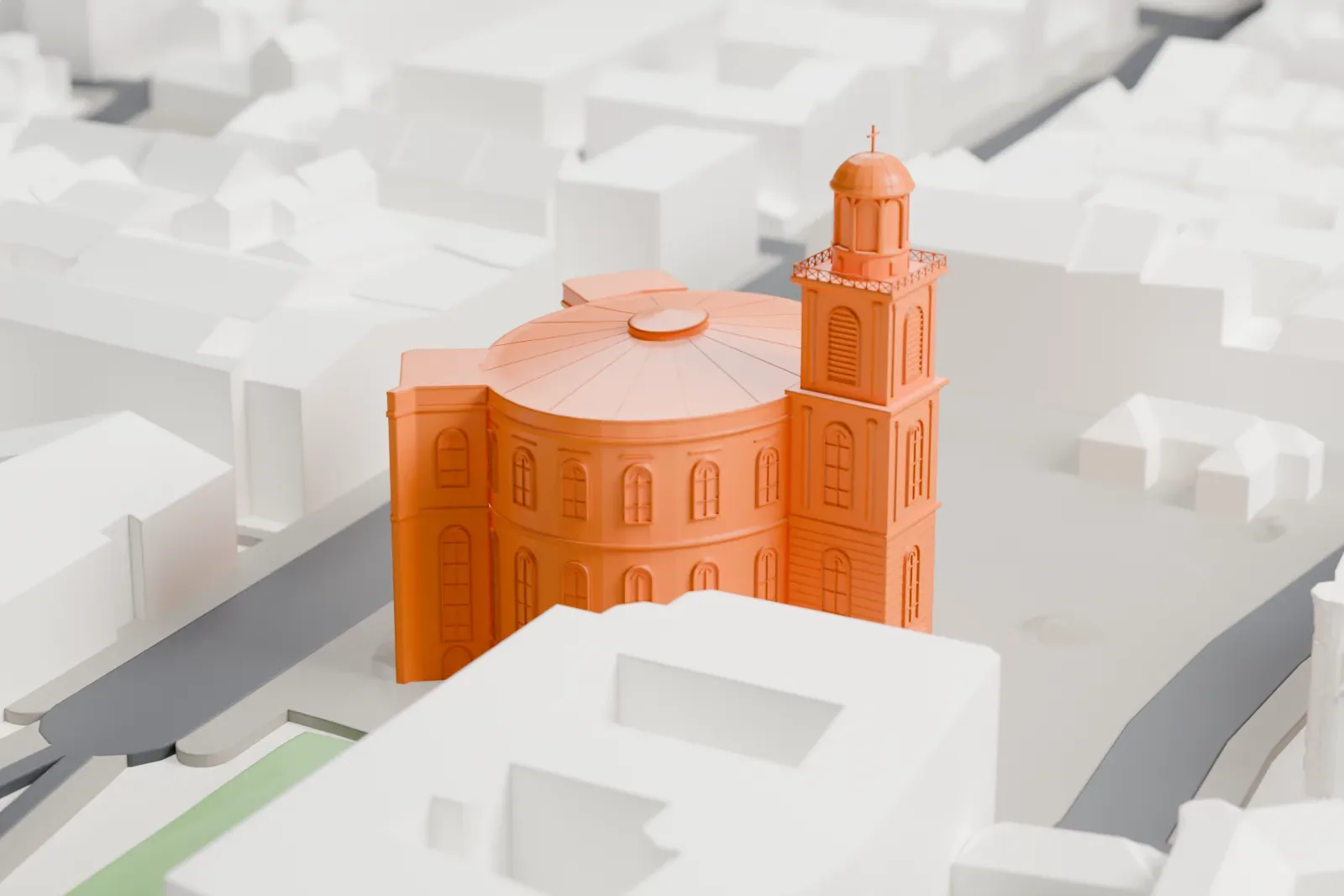 A white 3D print of St. Paul's Church, a round neoclassical building, among the surrounding streets and buildings of Frankfurt.