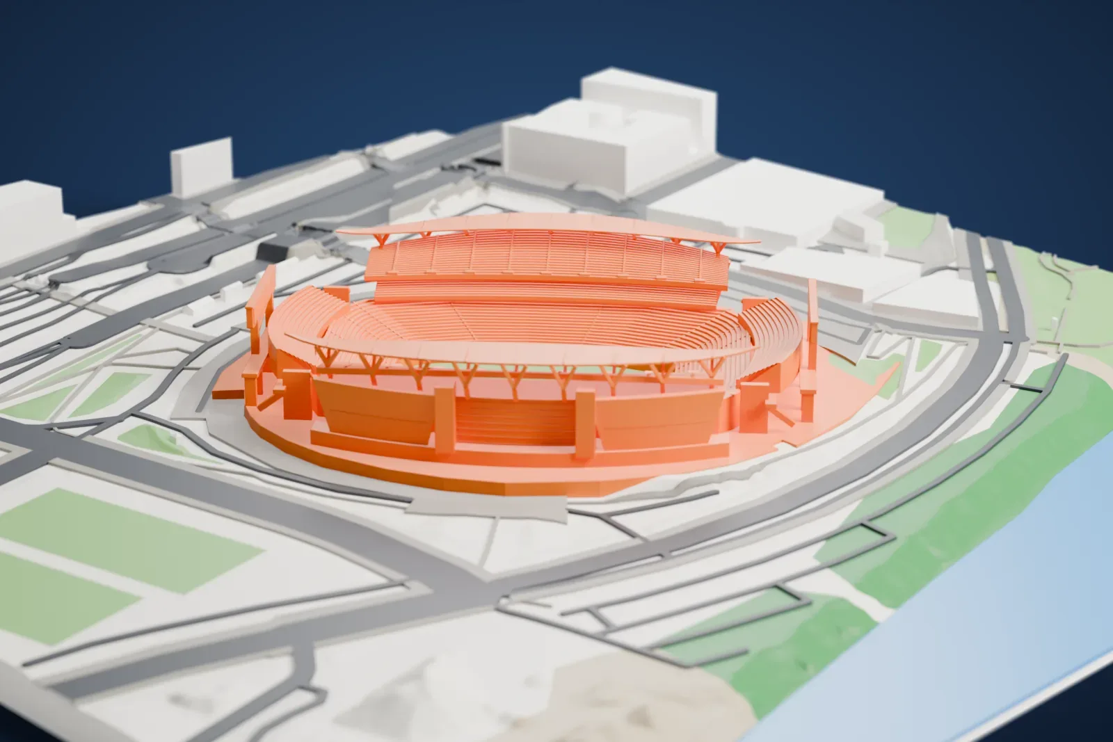 A white 3D print of Paycor Stadium, an open-cornered bowl of seating around a field, with streets and buildings around it in Cincinnati.