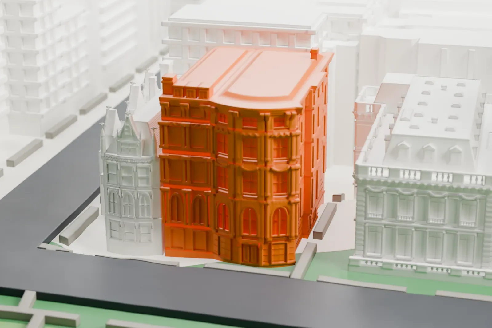 A white 3D print of the Payne Whitney House, a stone mansion with a gently curved front, standing between neighboring buildings next to a green strip.