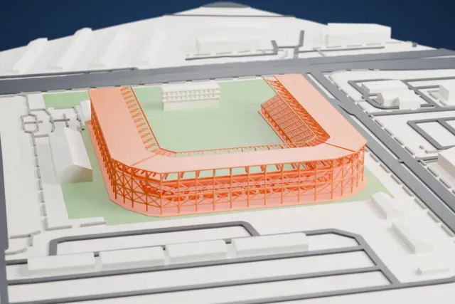A white 3D print of PayPal Park, a horseshoe-shaped soccer stadium with a broad canopy roof and an open steel frame, on flat ground among low buildings and roads.