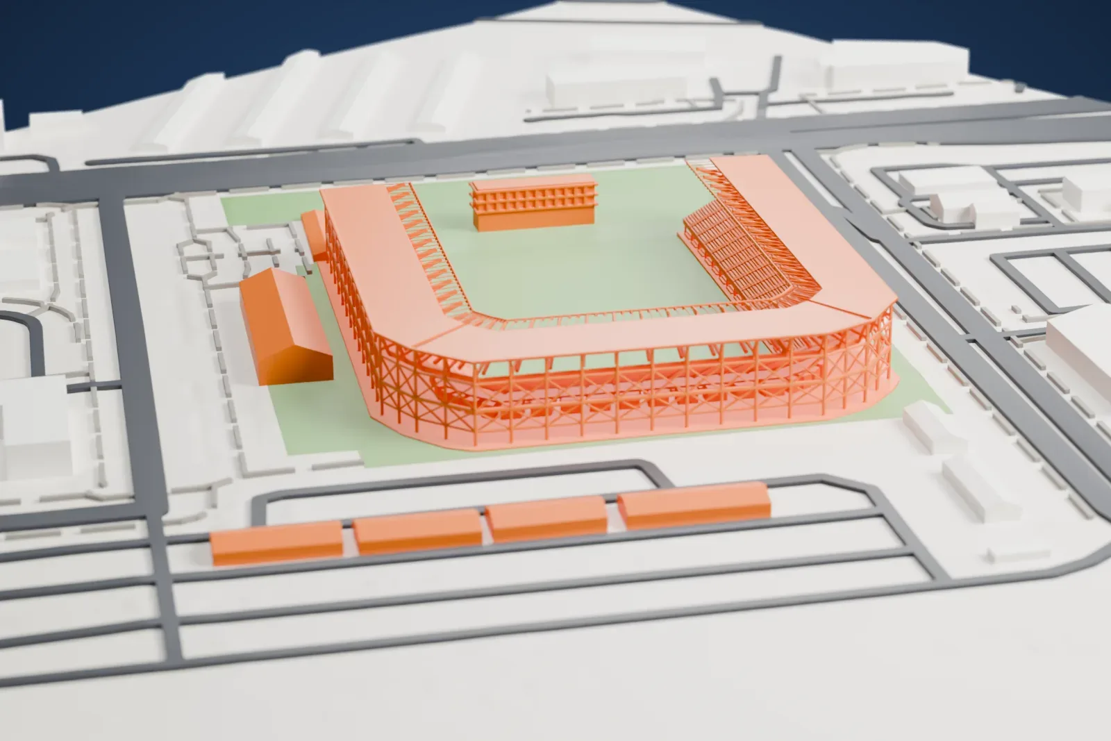 A white 3D print of PayPal Park, a horseshoe-shaped soccer stadium with a broad canopy roof and an open steel frame, on flat ground among low buildings and roads.