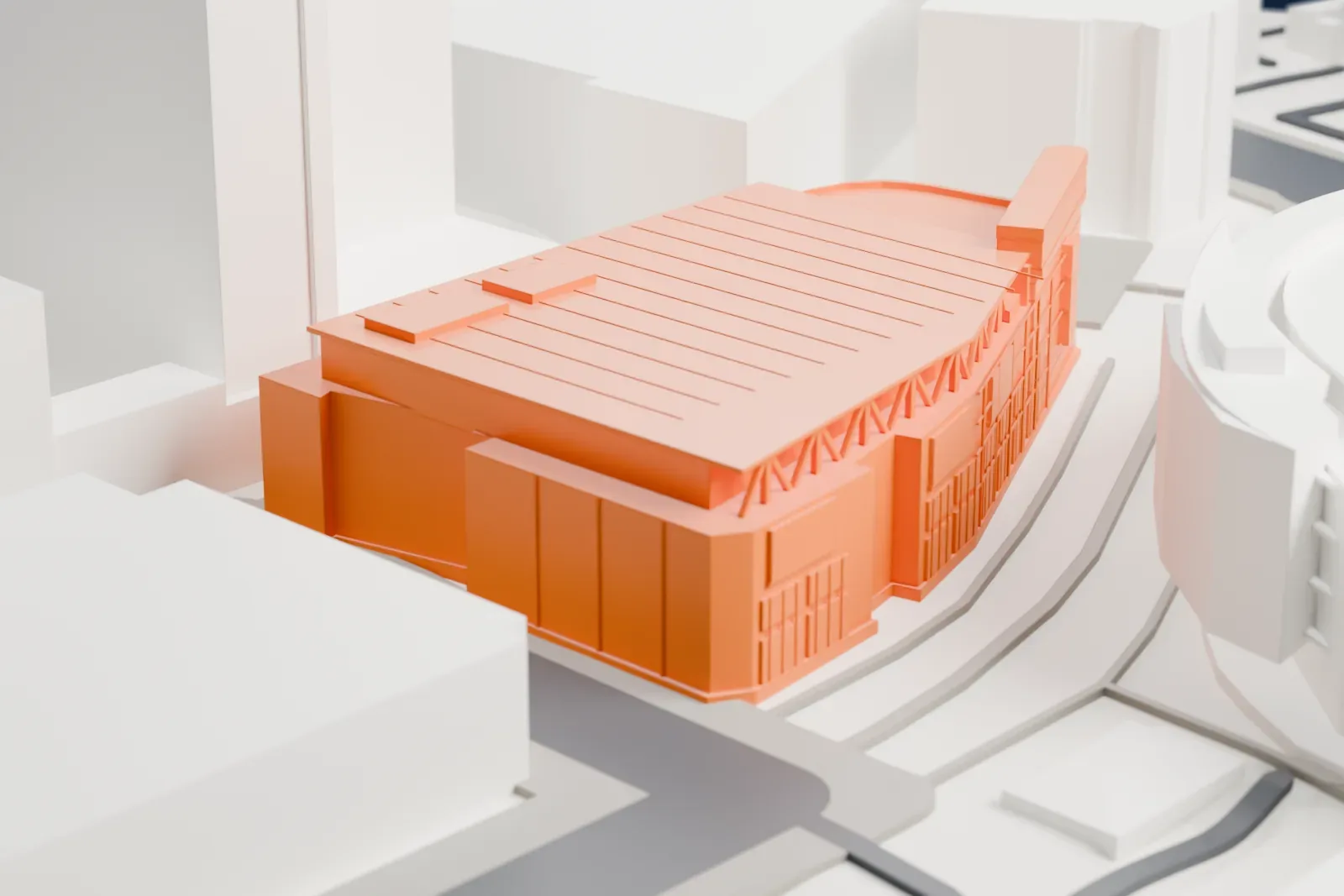 A white 3D print of the Peacock Theater among the surrounding streets and buildings of downtown Los Angeles.