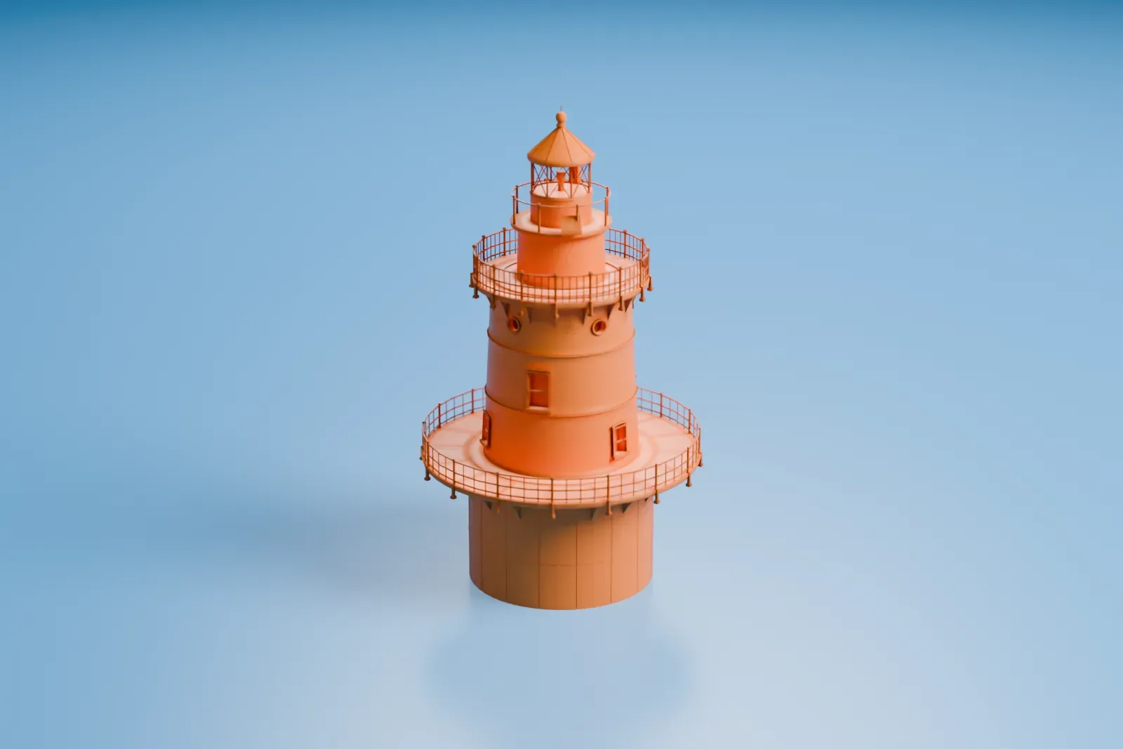 A white 3D print of Peck Ledge Light, a tapering lighthouse with two railed galleries and a small lantern on top, standing alone in open water.