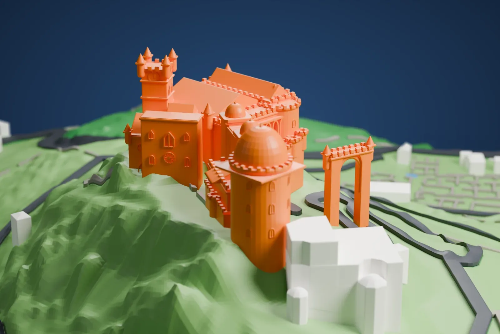 A white 3D print of the Pena Palace, with a domed round tower, turrets and an arched gateway, perched on a steep green hillside with winding roads.