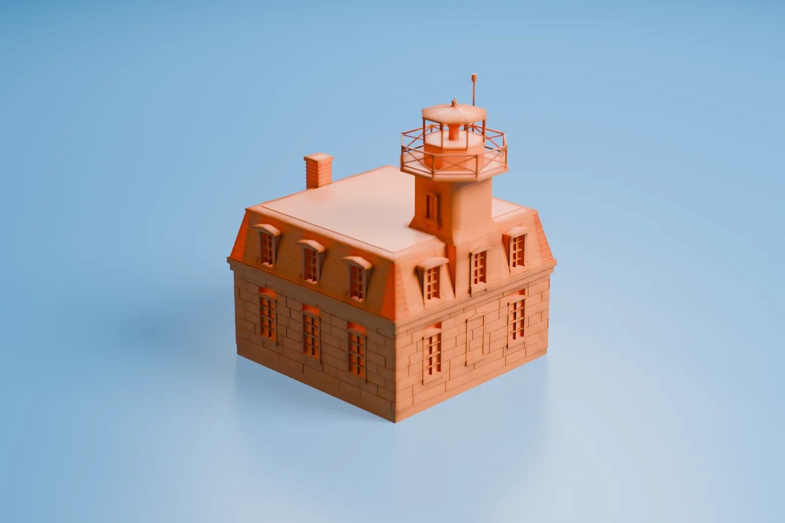 A white 3D print of Penfield Reef Light, a squat lighthouse with a mansard roof and a small octagonal lantern, standing alone in open water.