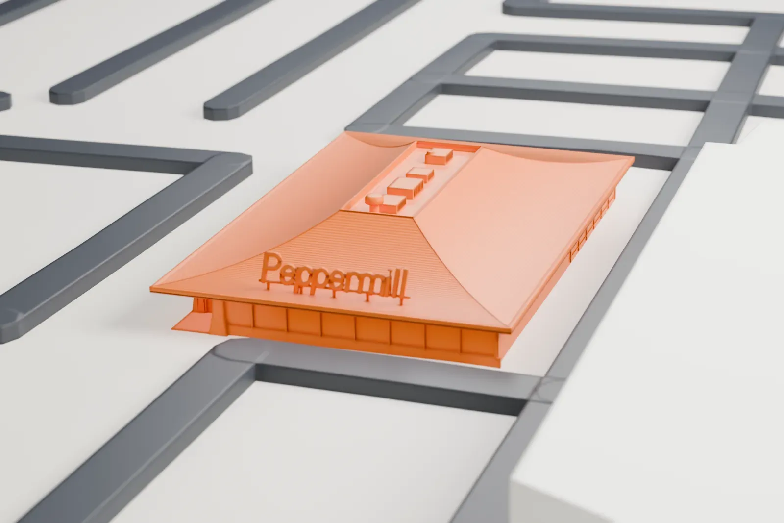 A white 3D print of the Peppermill, a small, low building under a wide sloping patterned roof with a thin rooftop sign, surrounded by roads, open lots and larger buildings.