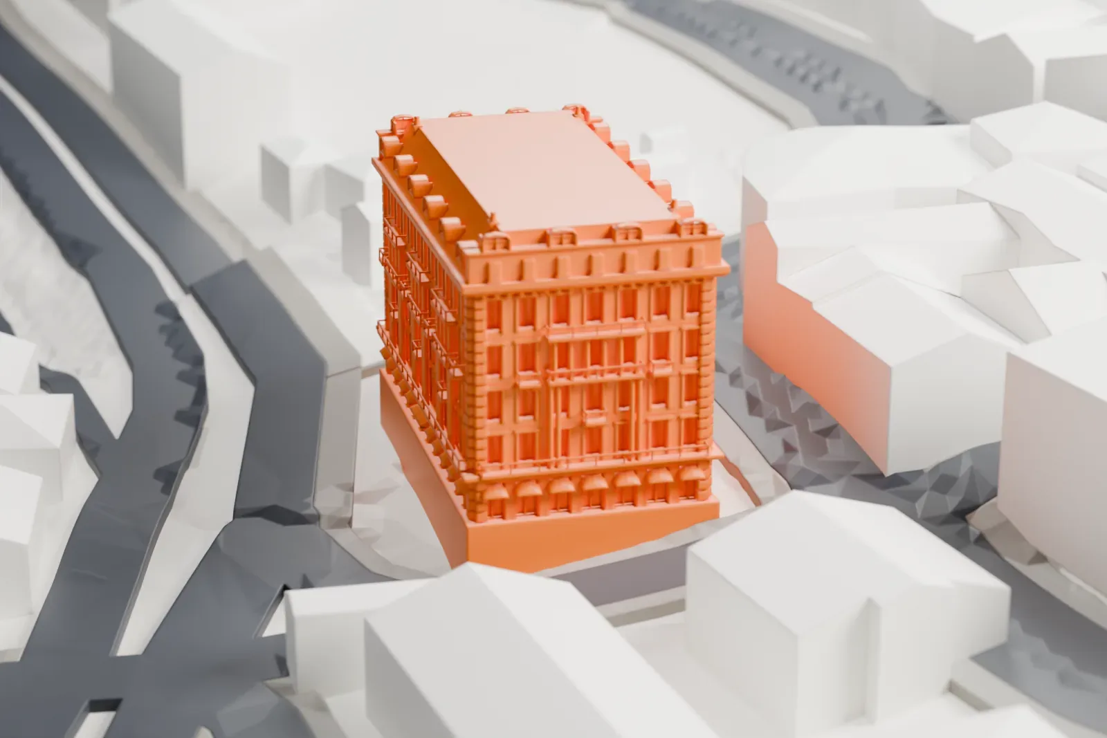 A white 3D print of the Pera Palace Hotel among surrounding streets and buildings.