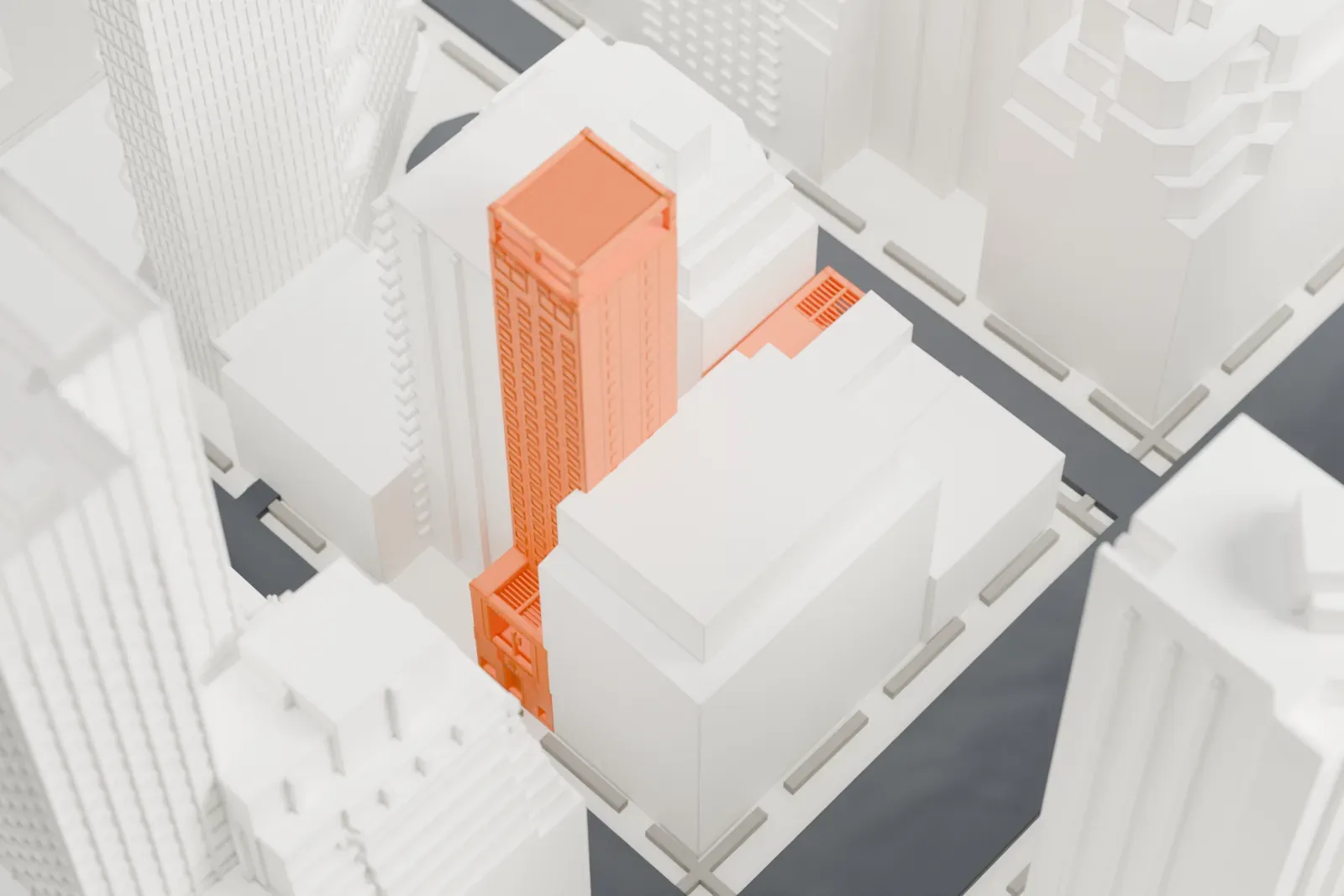 A white 3D print of the Permanent Mission of India to the United Nations building, a slim tower with an open frame at the top, surrounded by taller and lower buildings.