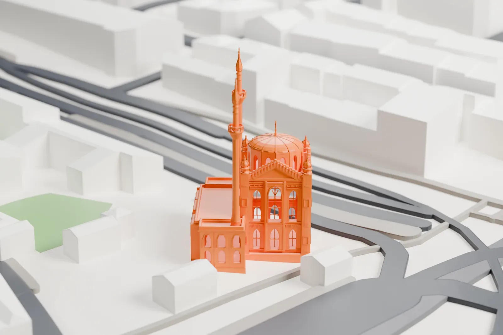 A white 3D print of the Pertevniyal Valide Sultan Mosque among the surrounding city buildings of Istanbul.