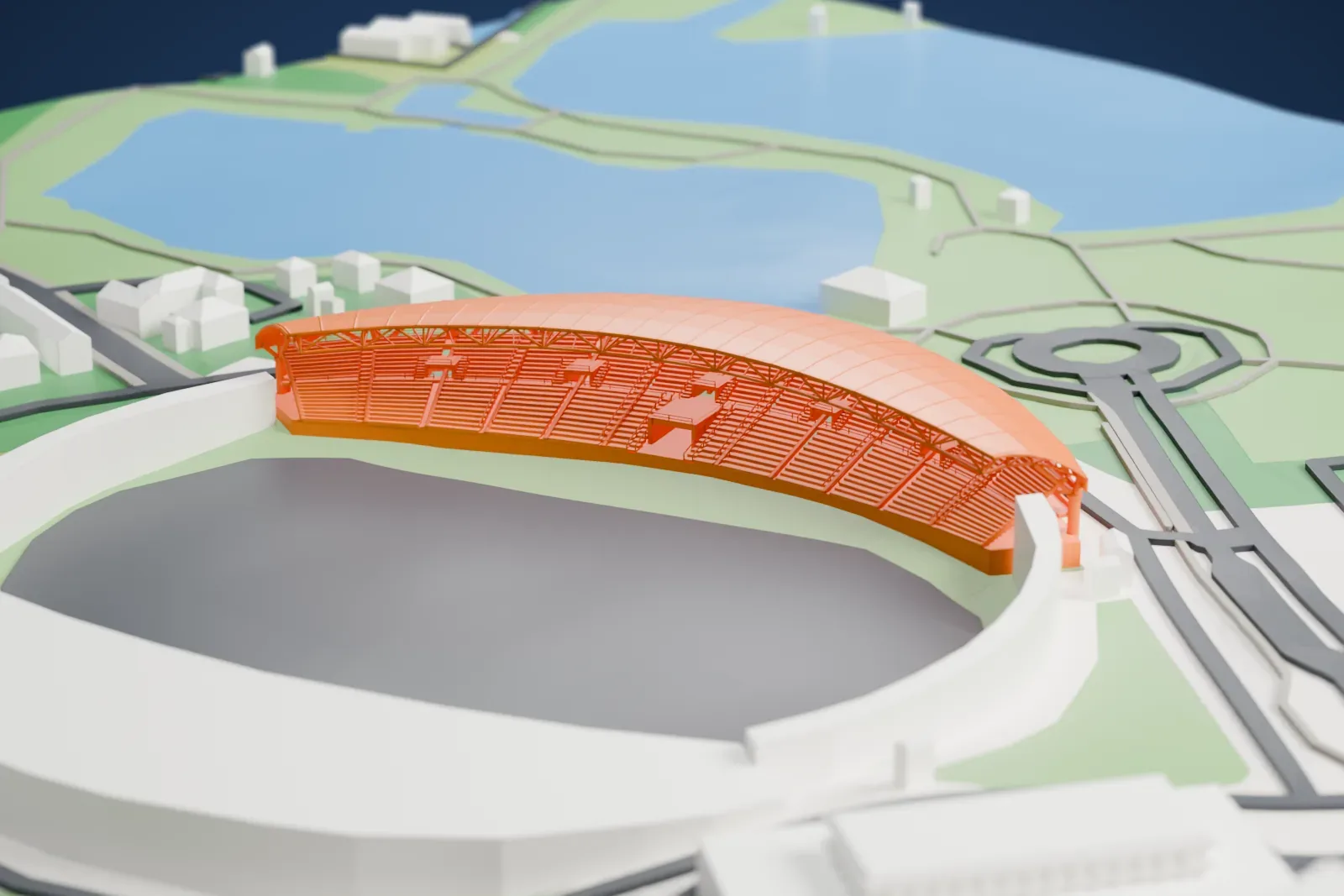 A white 3D print of the Petaling Jaya Stadium's crescent-shaped covered stand, with its branching supports and surrounding buildings.