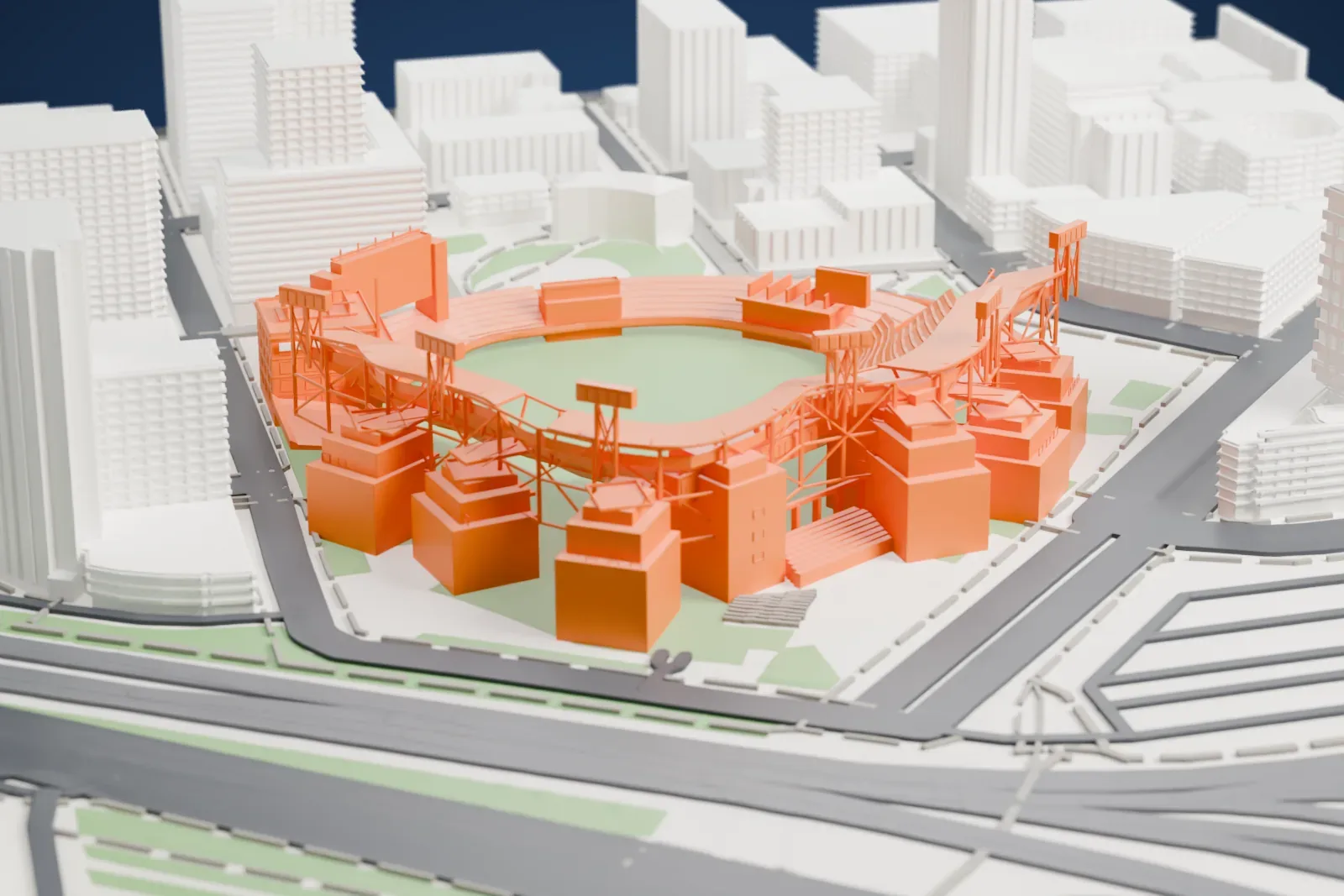 A white 3D print of Petco Park, a baseball stadium with stepped seating tiers and slim light towers, hemmed in by tall city buildings and streets.