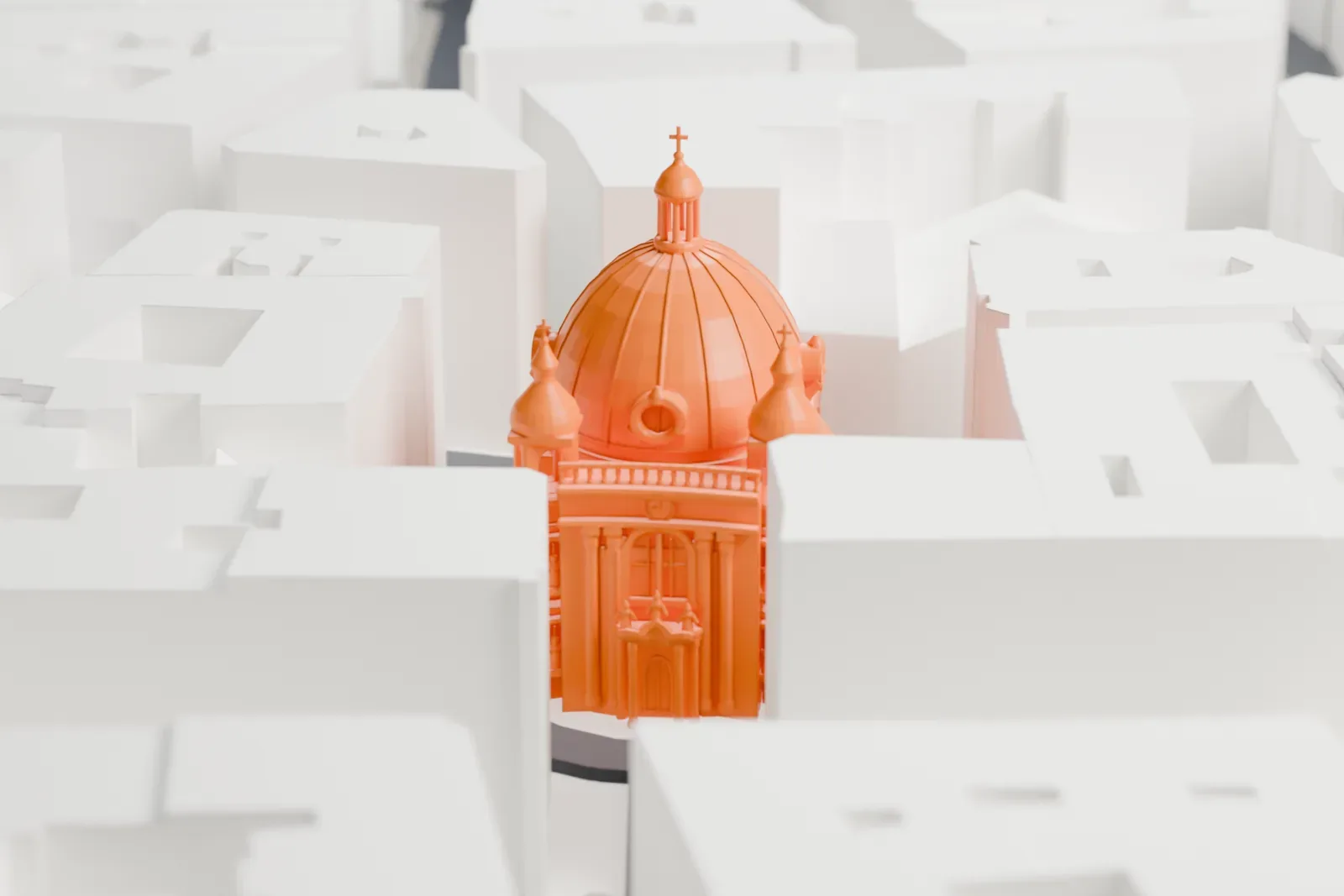 A white 3D print of the Peterskirche in Vienna, its domed roof rising among the surrounding buildings.