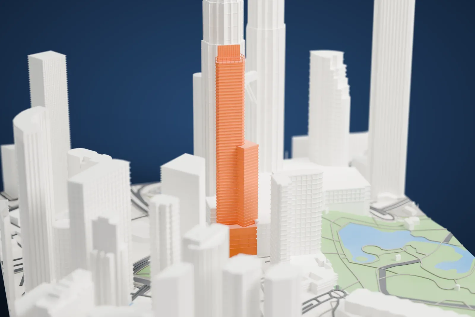 A white 3D print of the Petronas Tower 3, a tall banded skyscraper with a flat crown and a lower shoulder, standing among the surrounding buildings of Kuala Lumpur.