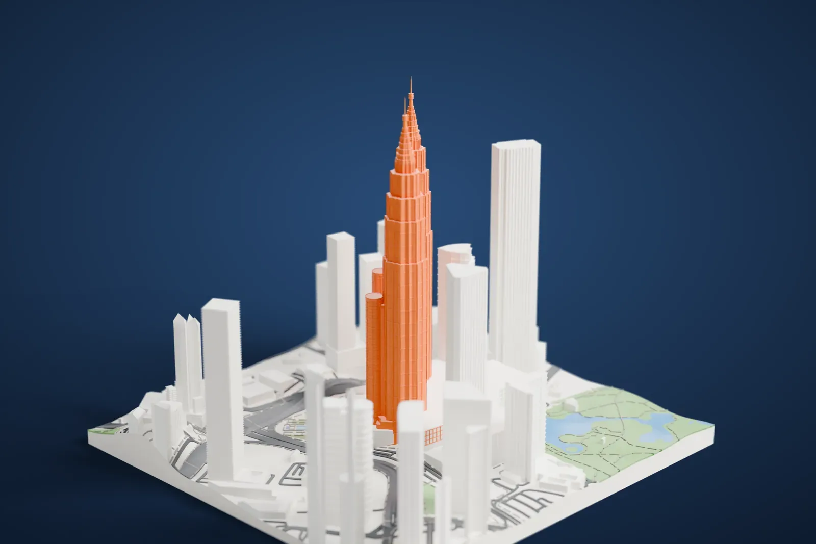 A white 3D print of the Petronas Towers, two tapering towers with stepped, spired tops joined by a skybridge, rising above neighboring towers, curved roads and a park with a pond.