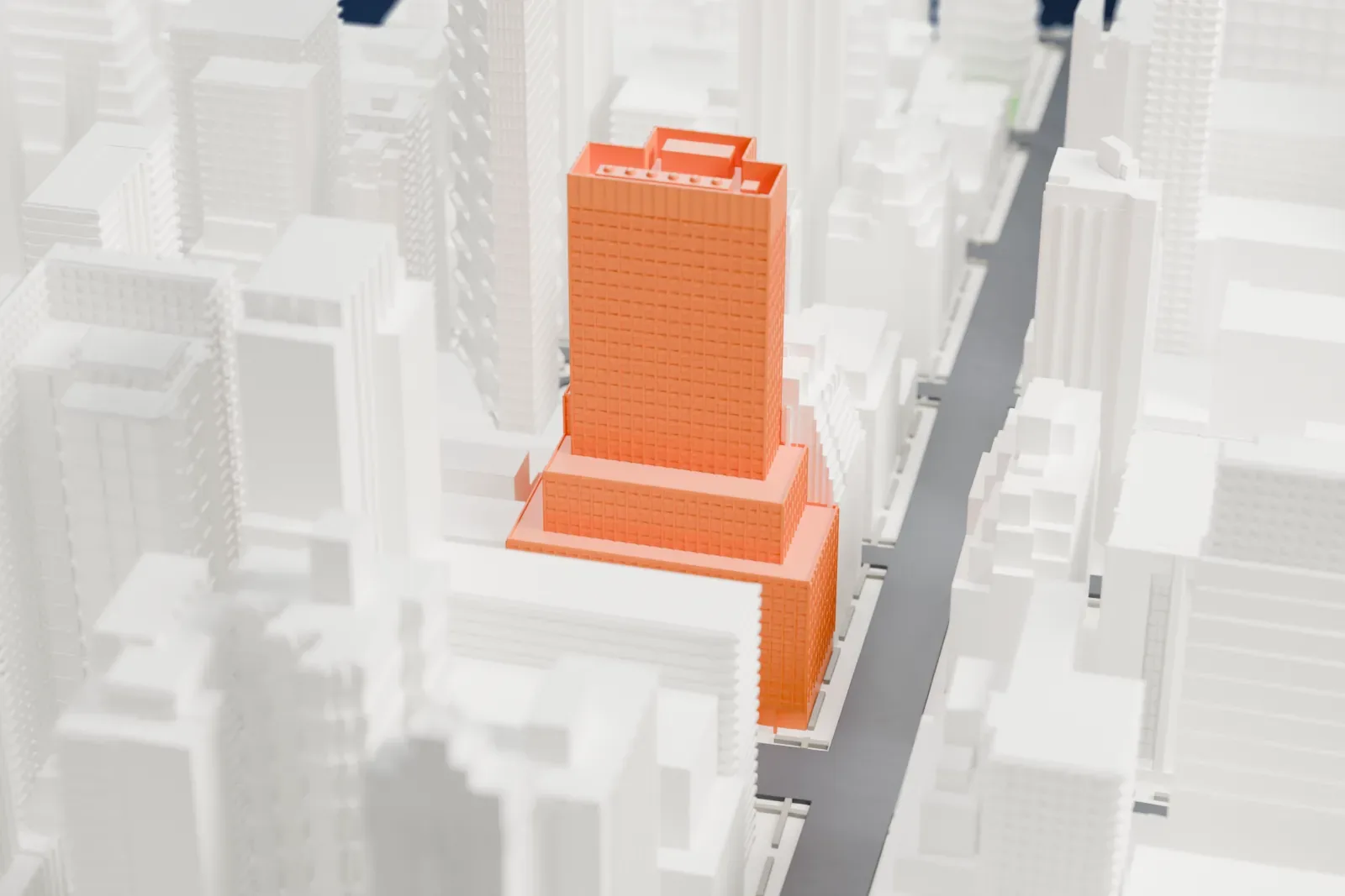 A white 3D print of the Pfizer Building, a tall stepped slab tower with a lower wing, surrounded by many other tall Midtown buildings.