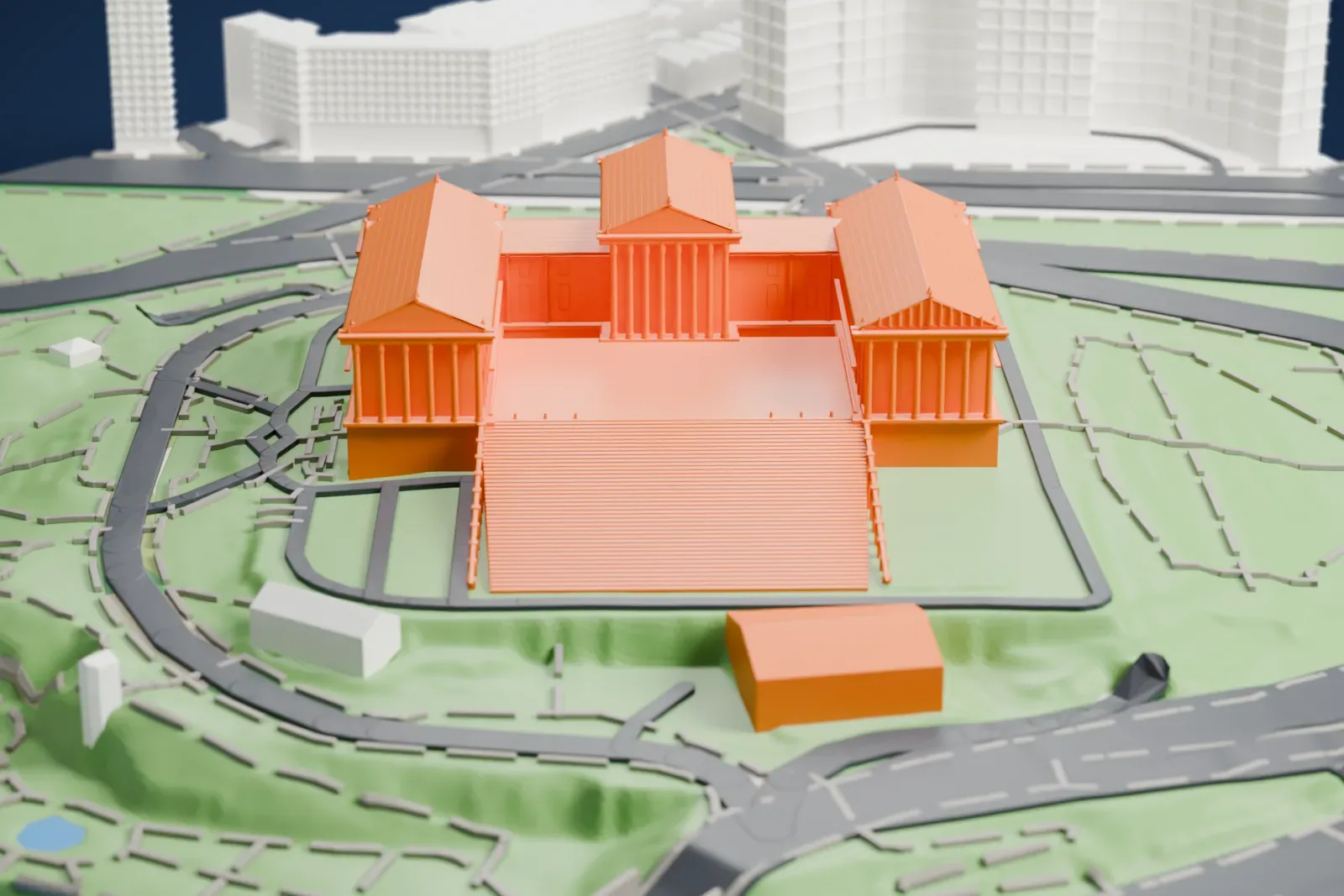 A white 3D print of the Philadelphia Museum of Art, a columned temple-style building with a wide terraced slope, standing on a hilltop ringed by roads and parkland.