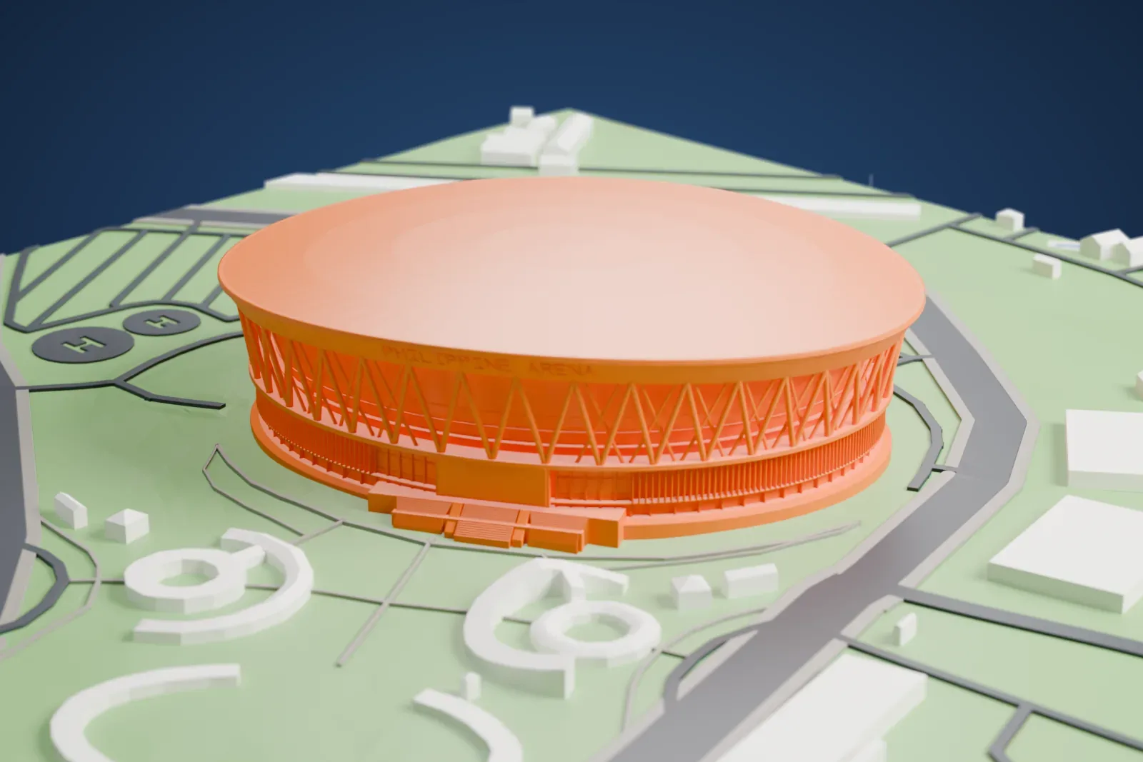 A white 3D print of the Philippine Arena with its broad oval roof and ring of diagonal braces, set among surrounding streets and buildings.