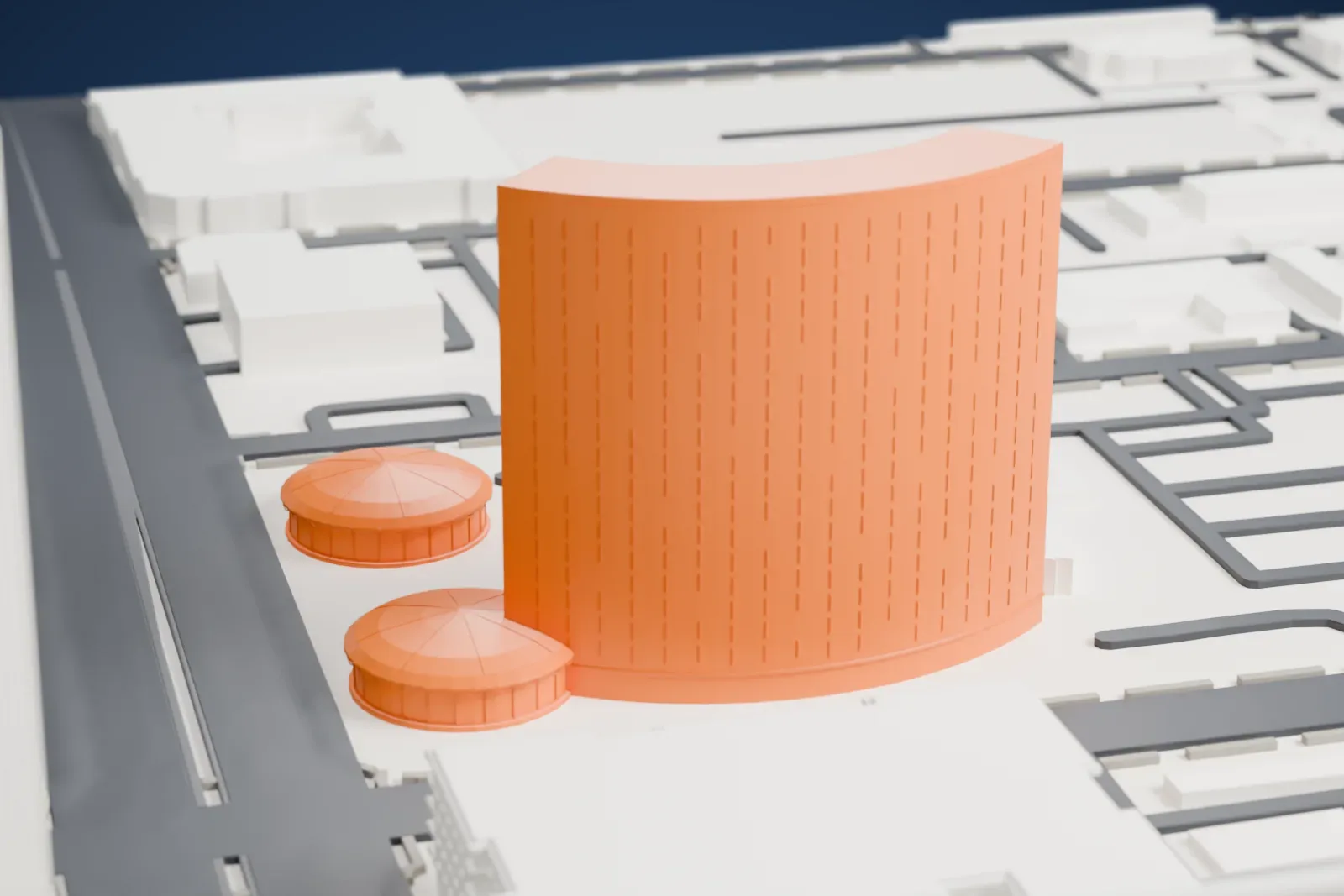 A white 3D print of the Phoenix Financial Center, a tall curved tower beside two low domed rotundas, with a small green lawn and wide roads around it.