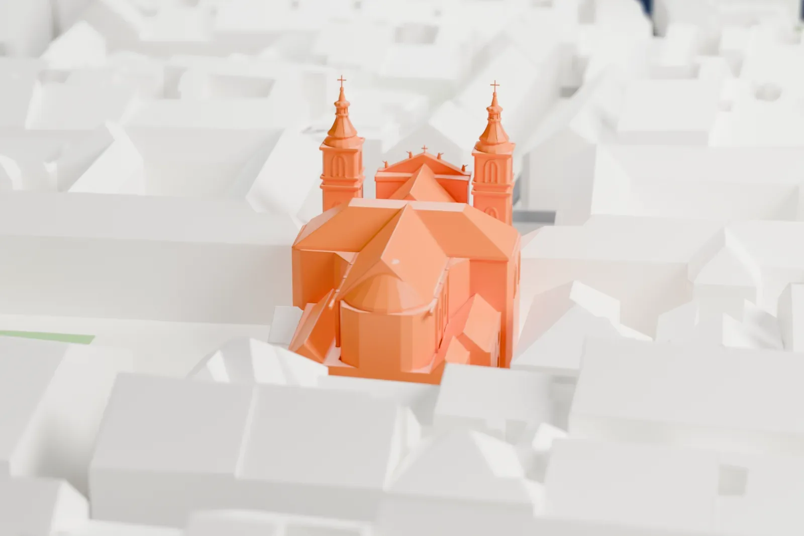 A white 3D print of the Piarist Church, a Baroque church with twin towers and onion crowns, standing among the buildings of Vienna's Josefstadt district.