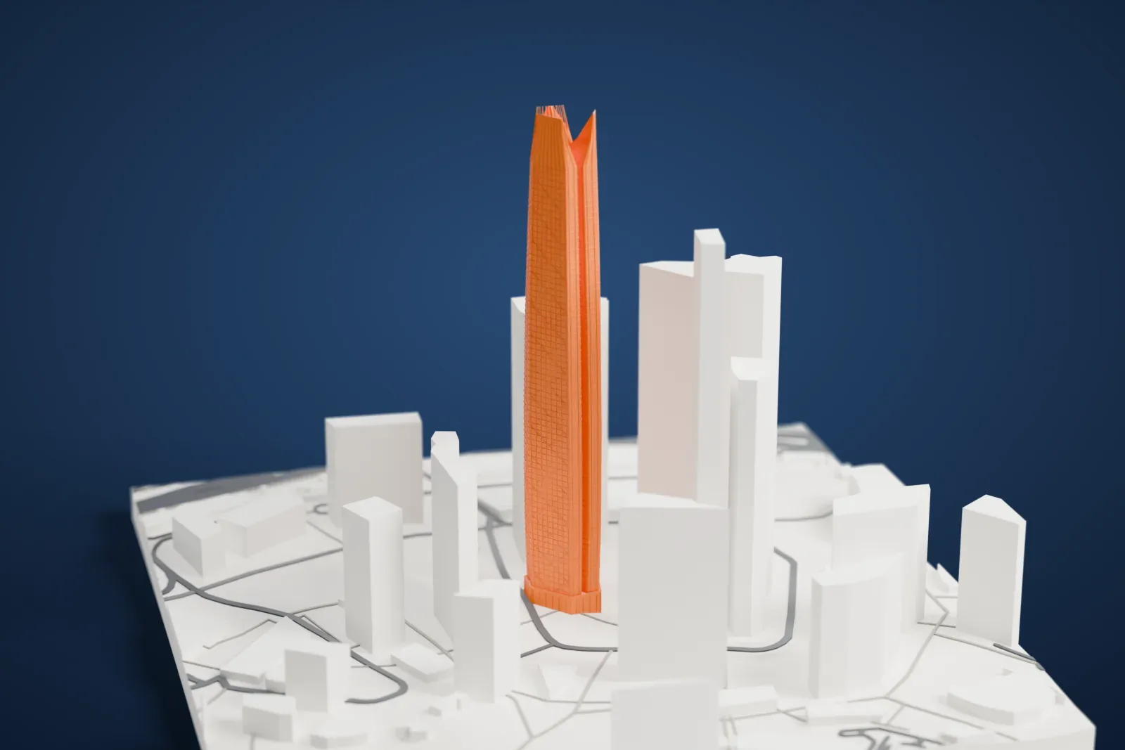 A white 3D print of the PIF Tower rising among the streets and buildings of Riyadh's King Abdullah Financial District.