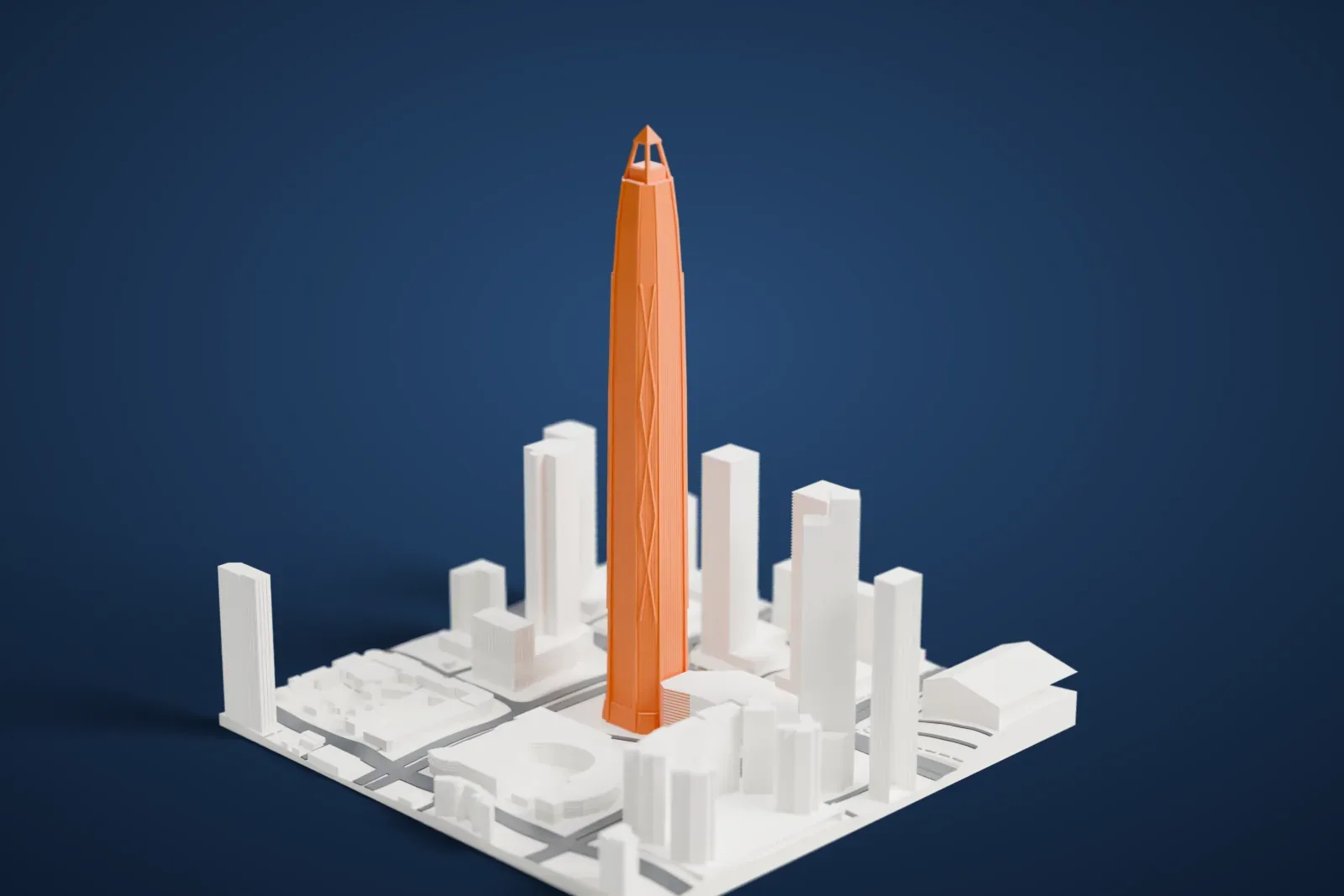 A white 3D print of Ping An Finance Centre, a very tall tapering tower with a small pointed crown, rising above the skyscrapers and roads of central Shenzhen.