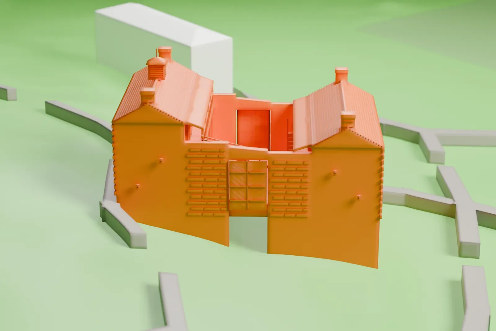 A white 3D print of Winsor Castle, a small two-wing fort with steep roofs and chimneys around a courtyard porch, set on open green ground with small patches of water.