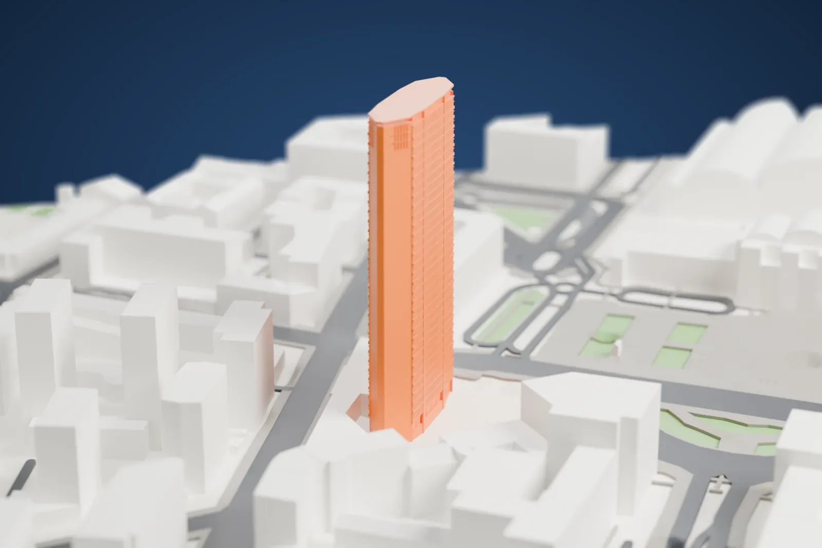 A white 3D print of the Pirelli Tower rising above the surrounding streets and buildings of Milan.