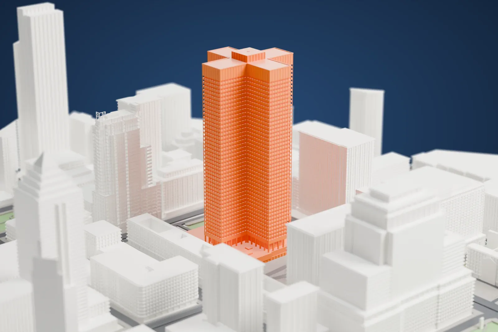 A white 3D print of Place Ville Marie, a tall cross-shaped office tower, among the surrounding streets and buildings.