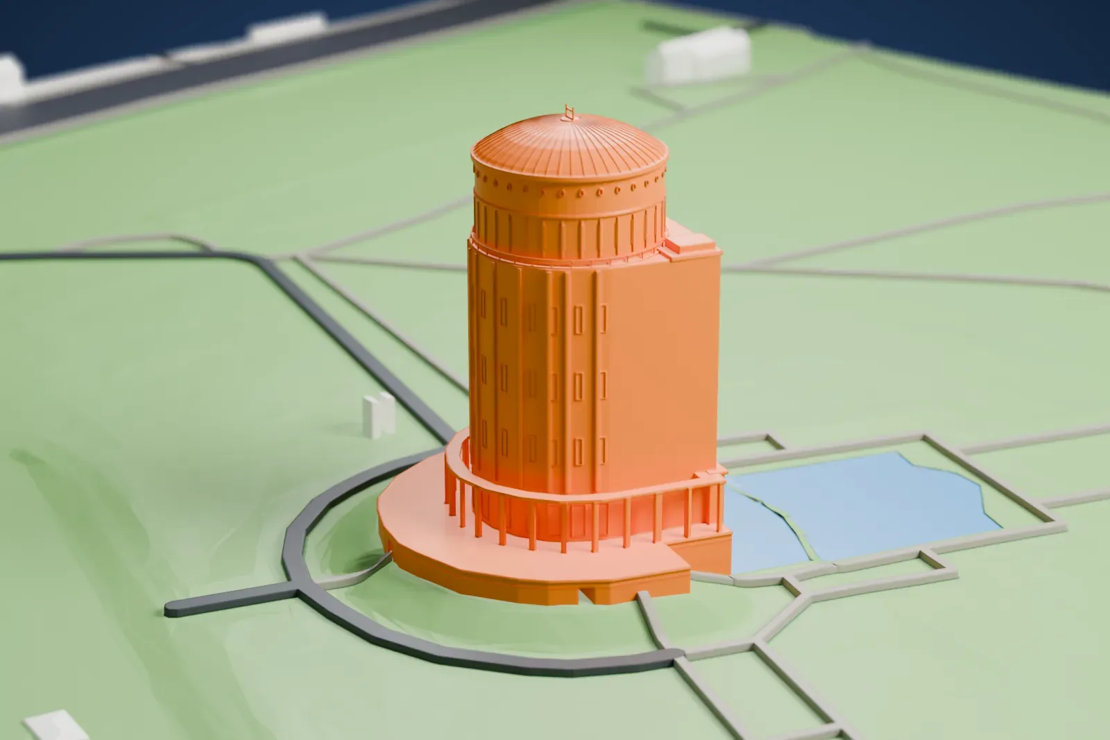 A white 3D print of the Planetarium Hamburg, a former water tower standing at the center of Hamburg Stadtpark.